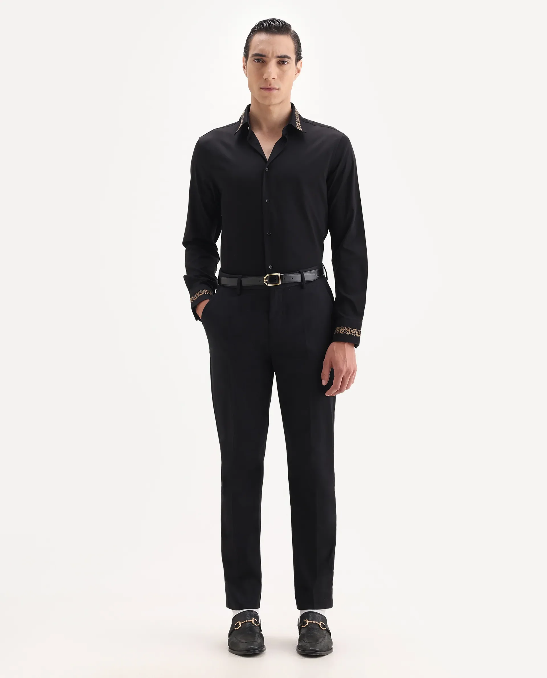Rare Rabbit Men's Comotel Black Cotton Blend Plain Regular Fit Trouser
