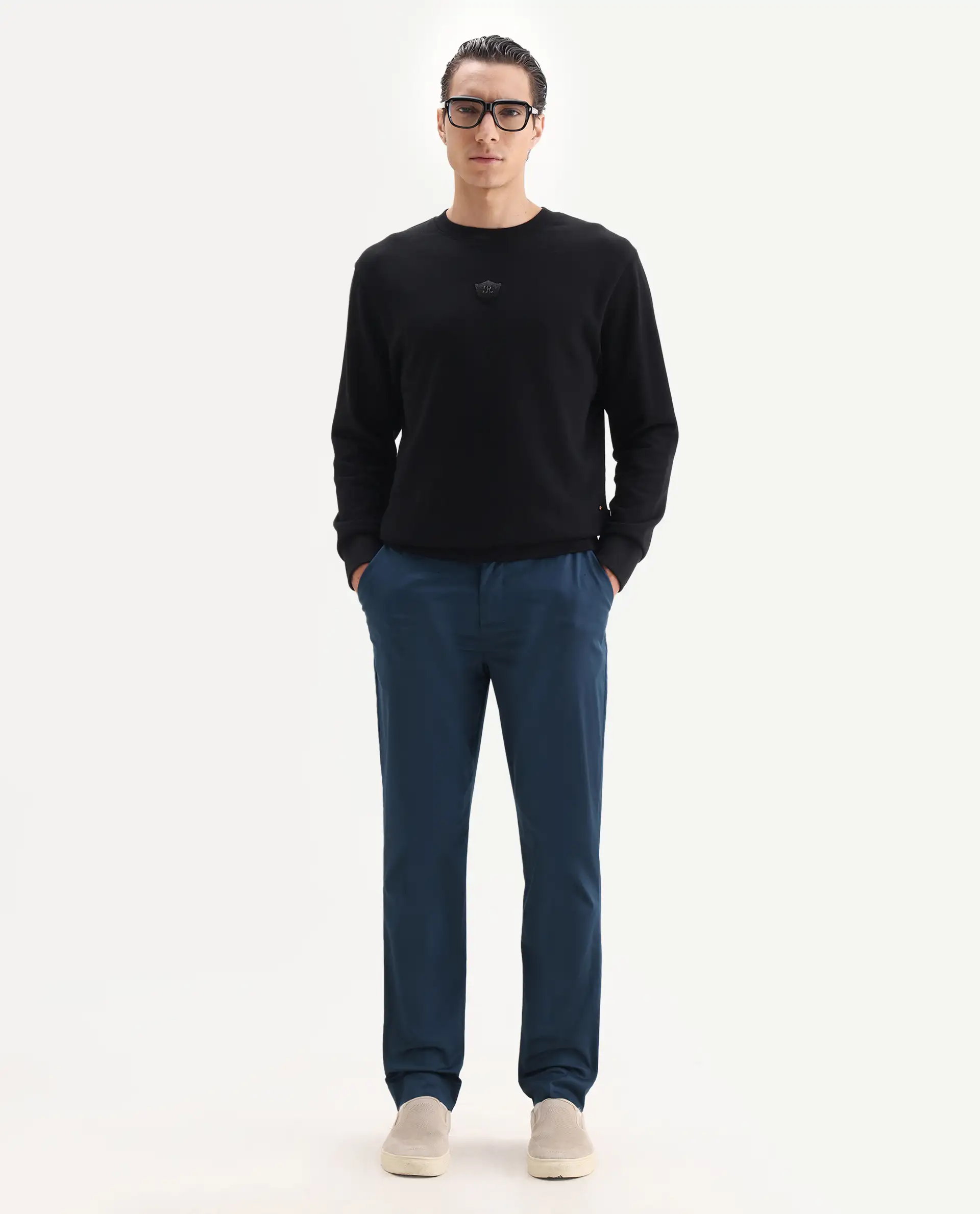 Rare Rabbit Men's Comotel Teal Cotton Blend Plain Regular Fit Trouser