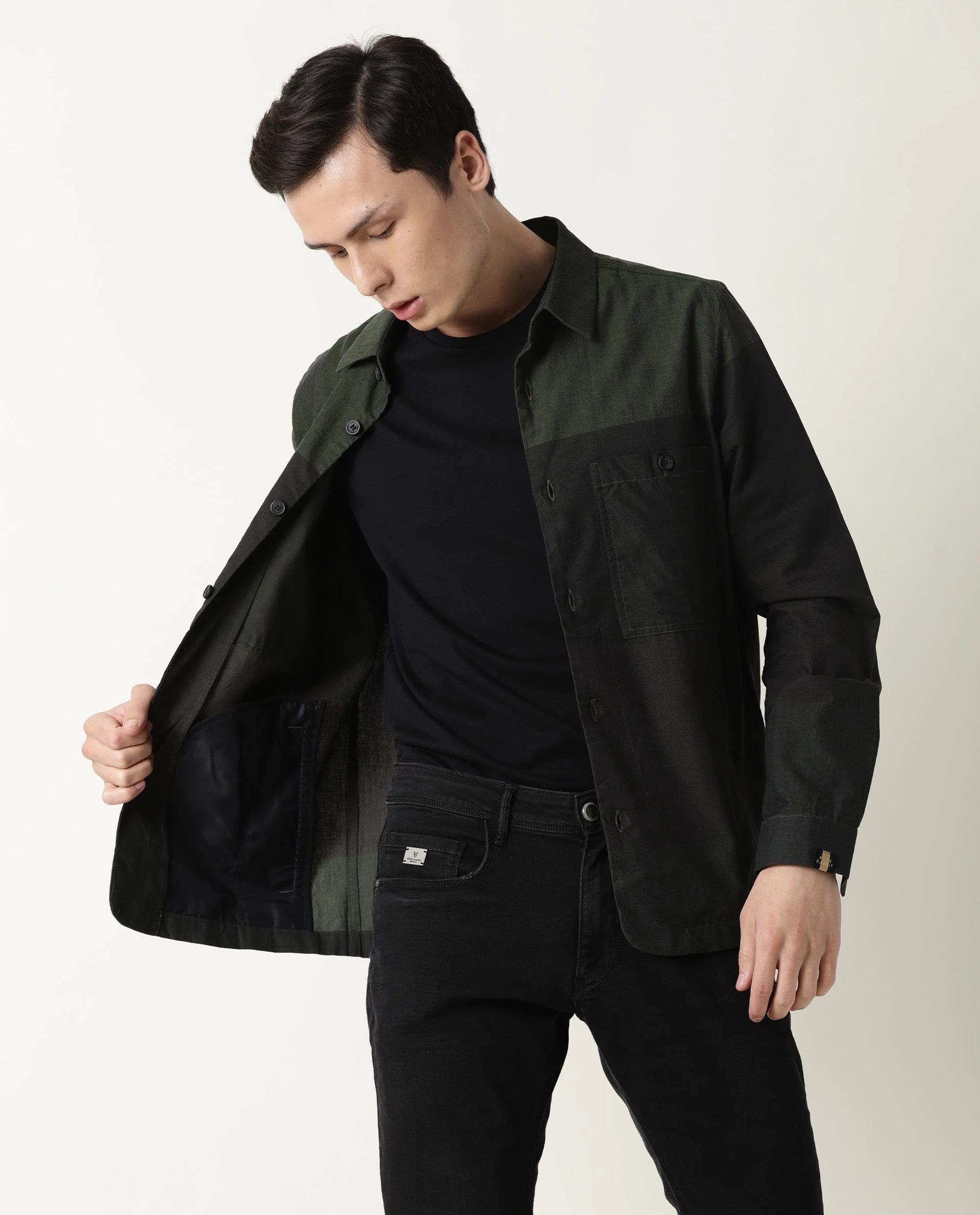 Rare Rabbit Men's Corbin Green Cotton Ombre Regular Fit Full Sleeve Spread Collar Jacket