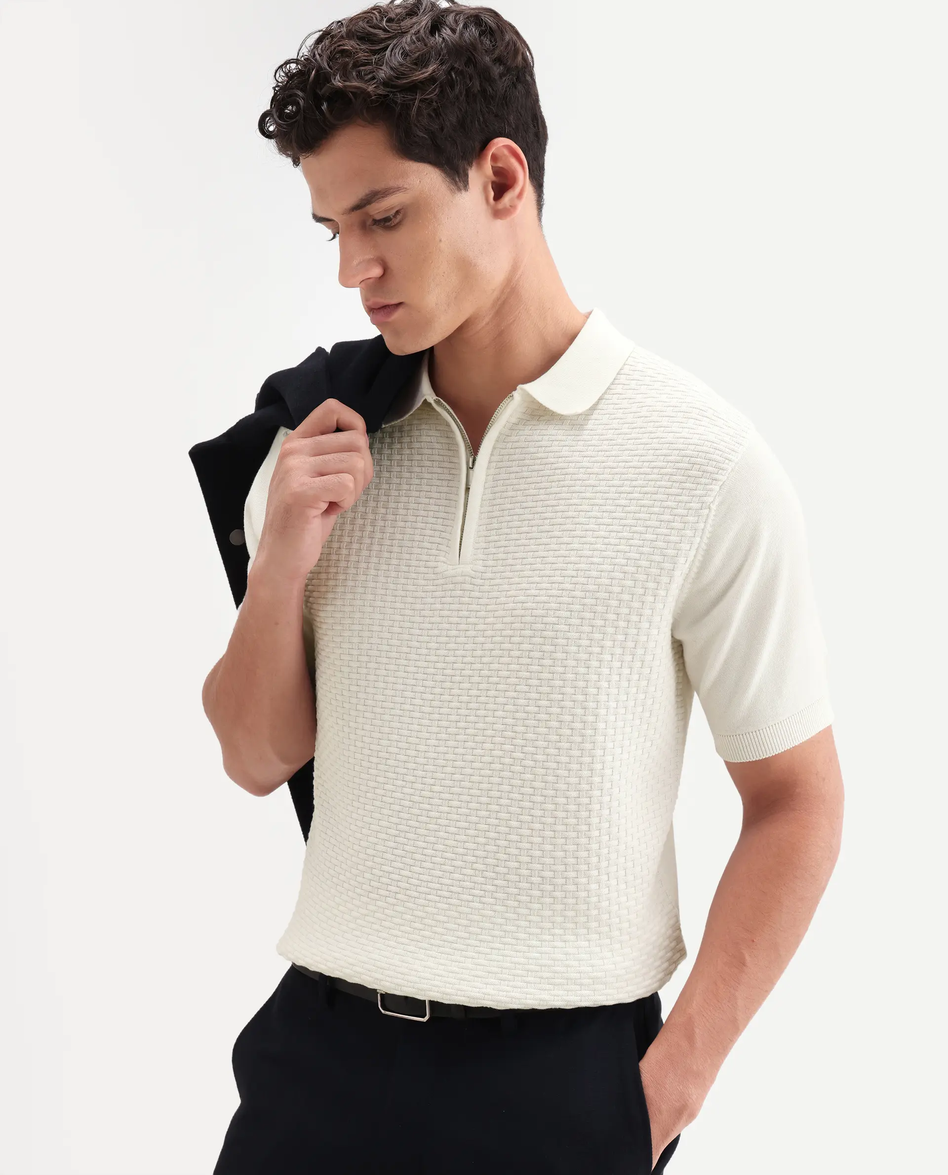 Rare Rabbit Men's Corsin White Cotton Fabric Full Sleeve Spread Collar Regular Fit Textured Polo