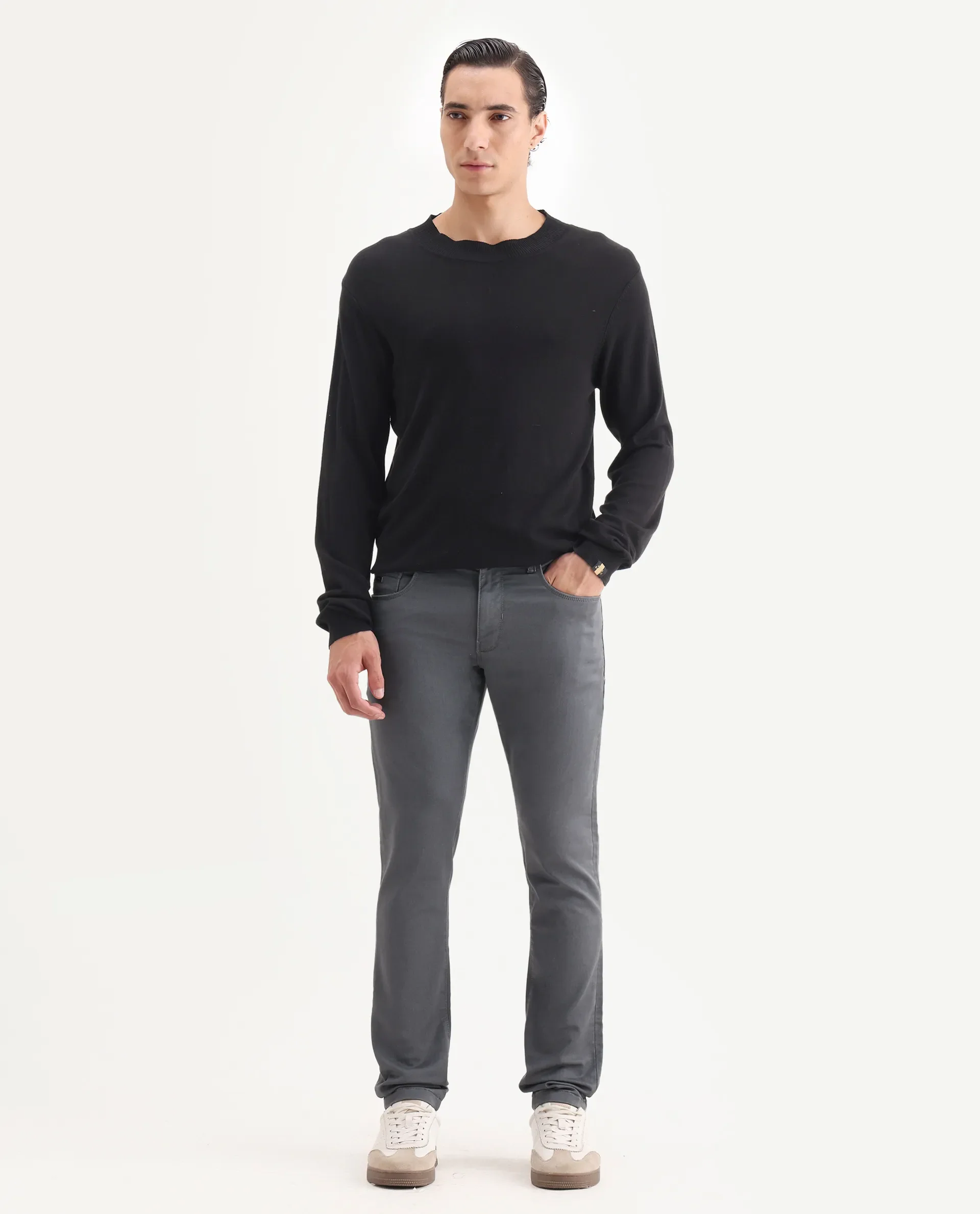 Rare Rabbit Men's Corvo Dark Grey Cotton Blend Plain Hawk Slim Fit Jeans
