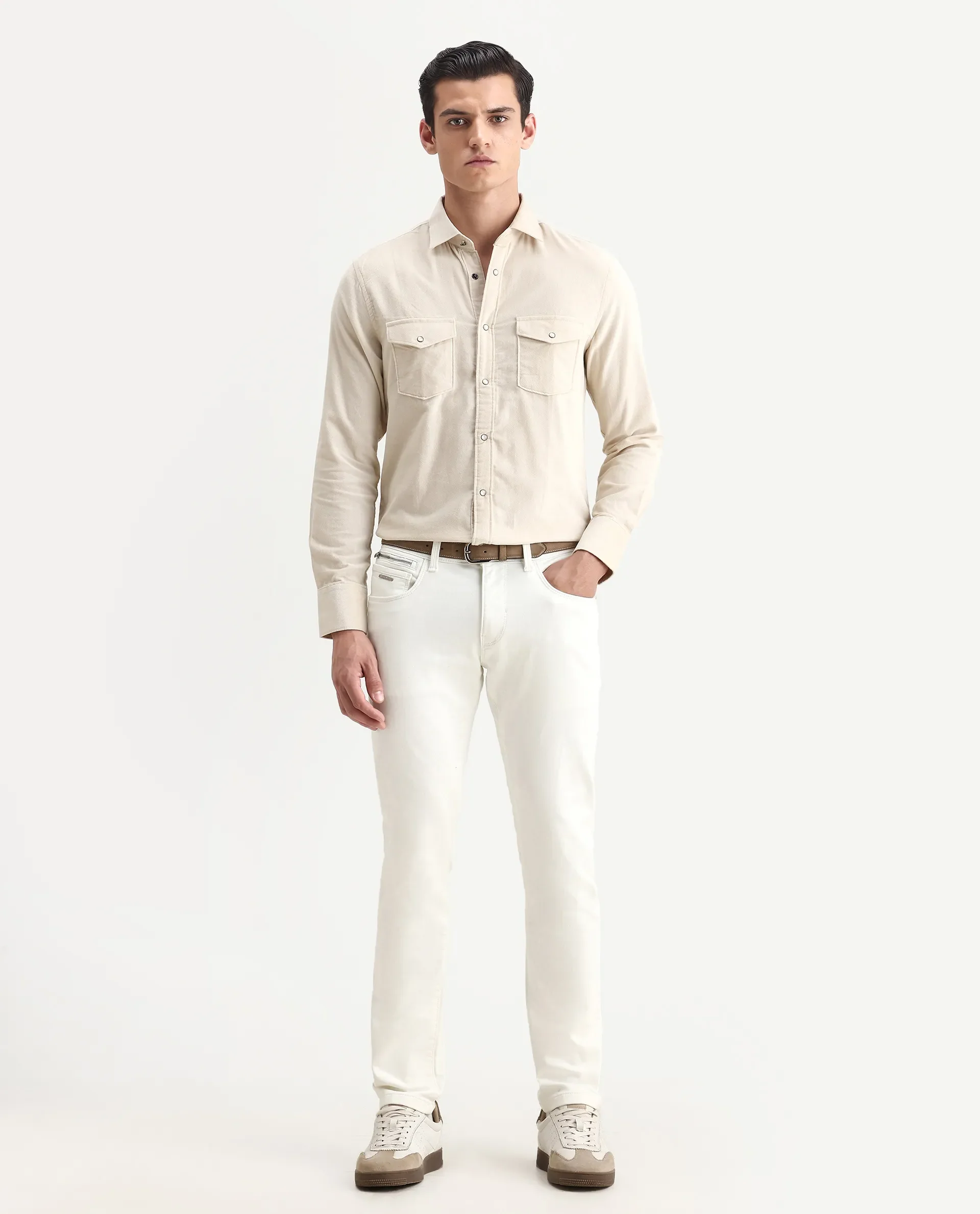 Rare Rabbit Men's Corvo Off White Cotton Blend Plain Hawk Slim Fit Jeans