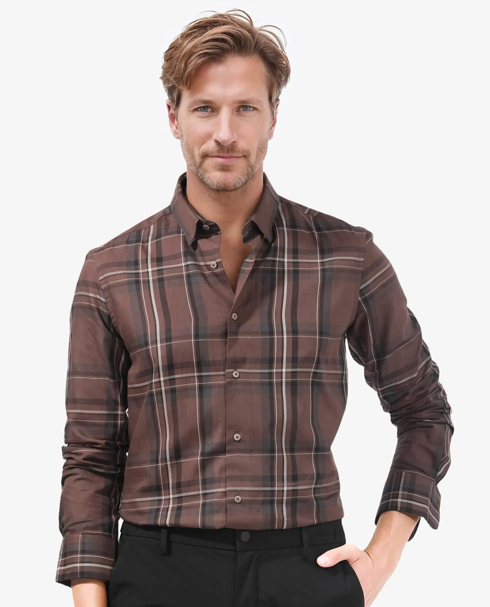 Rare Rabbit Men's Cosen Dark Brown Cotton Checked Print Regular Fit Full Sleeve Collared Shirt