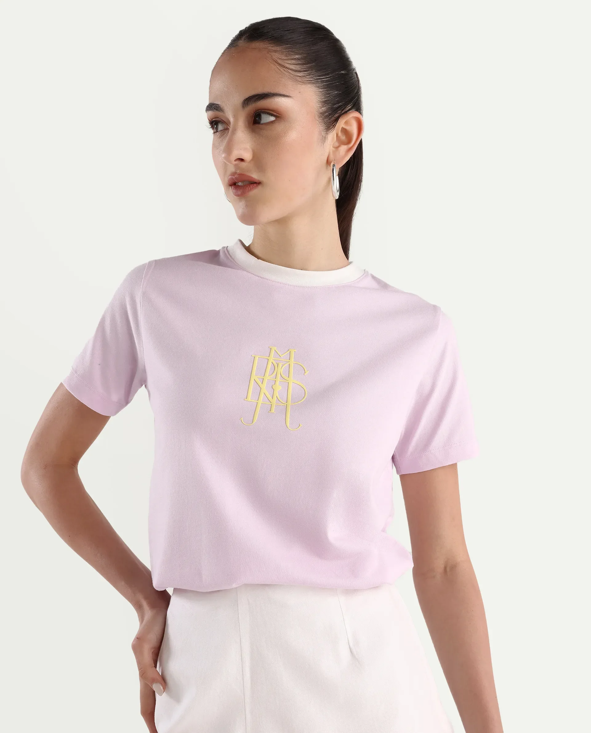 Rareism Women's Cosme Pink Cotton Crew Neck Graphic Print Regular Fit T-Shirt