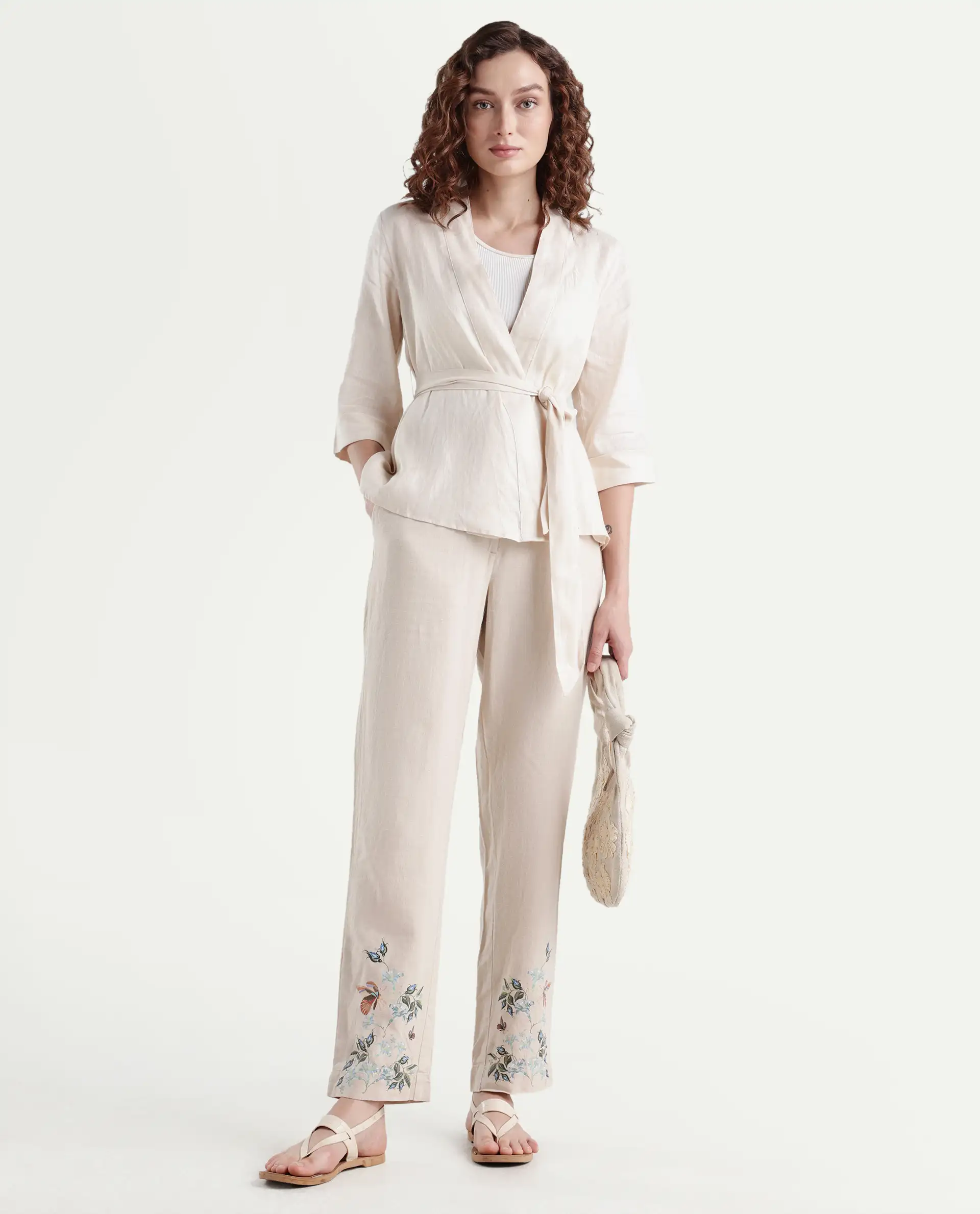 Rareism Women's Costa-B Light Beige Linen Plain Ankle Length Tapered Trouser
