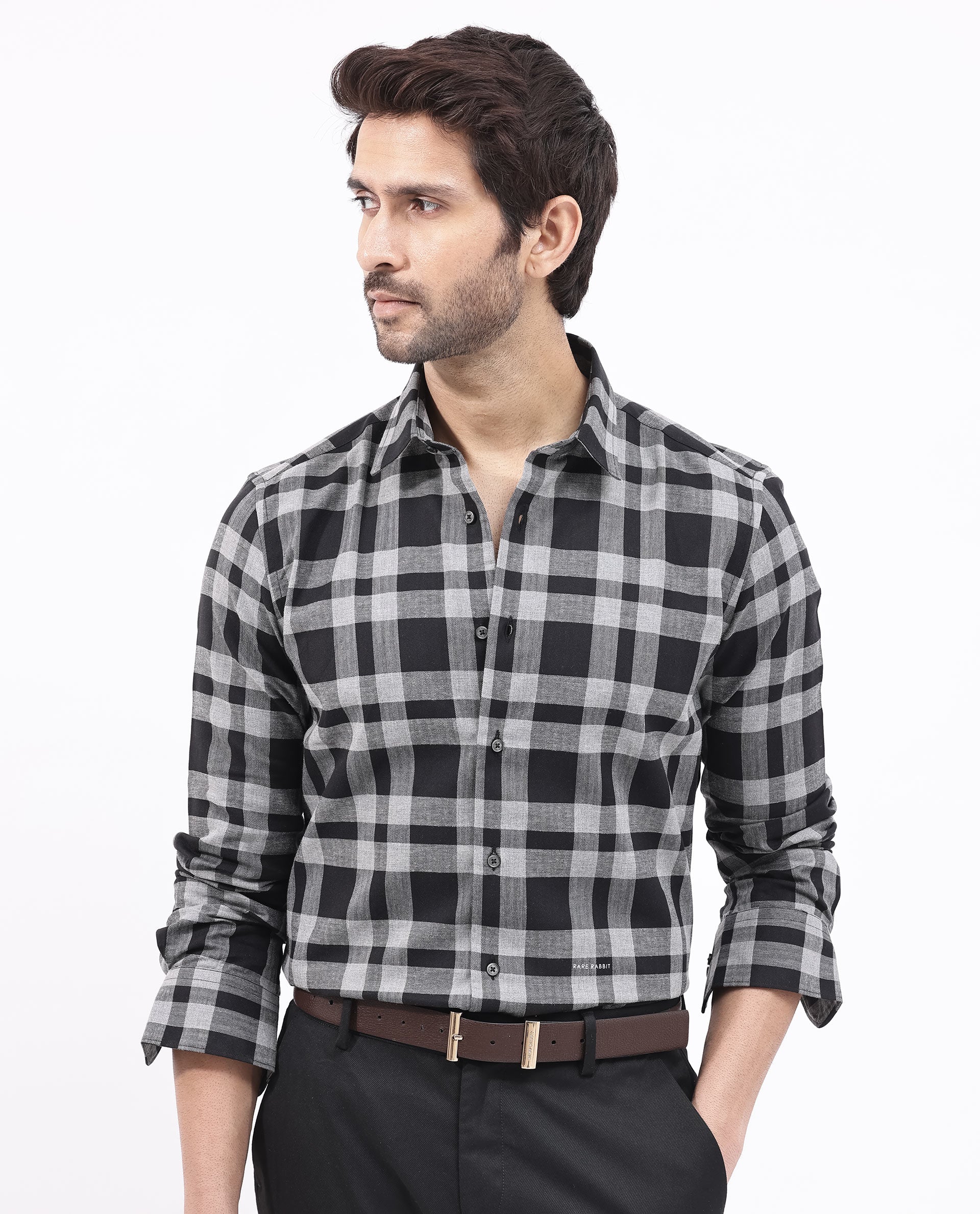 Rare Rabbit Men's Costy Black Cotton Checked Print Regular Fit Full Sleeve Collared Shirt