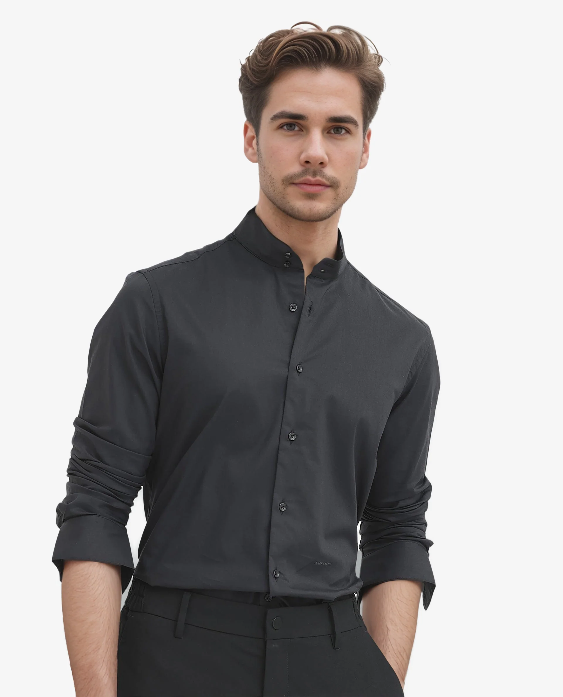 Rare Rabbit Men's Cox 3 Black Cotton Blend Plain Regular Fit Full Sleeve Mandarin Collar Shirt