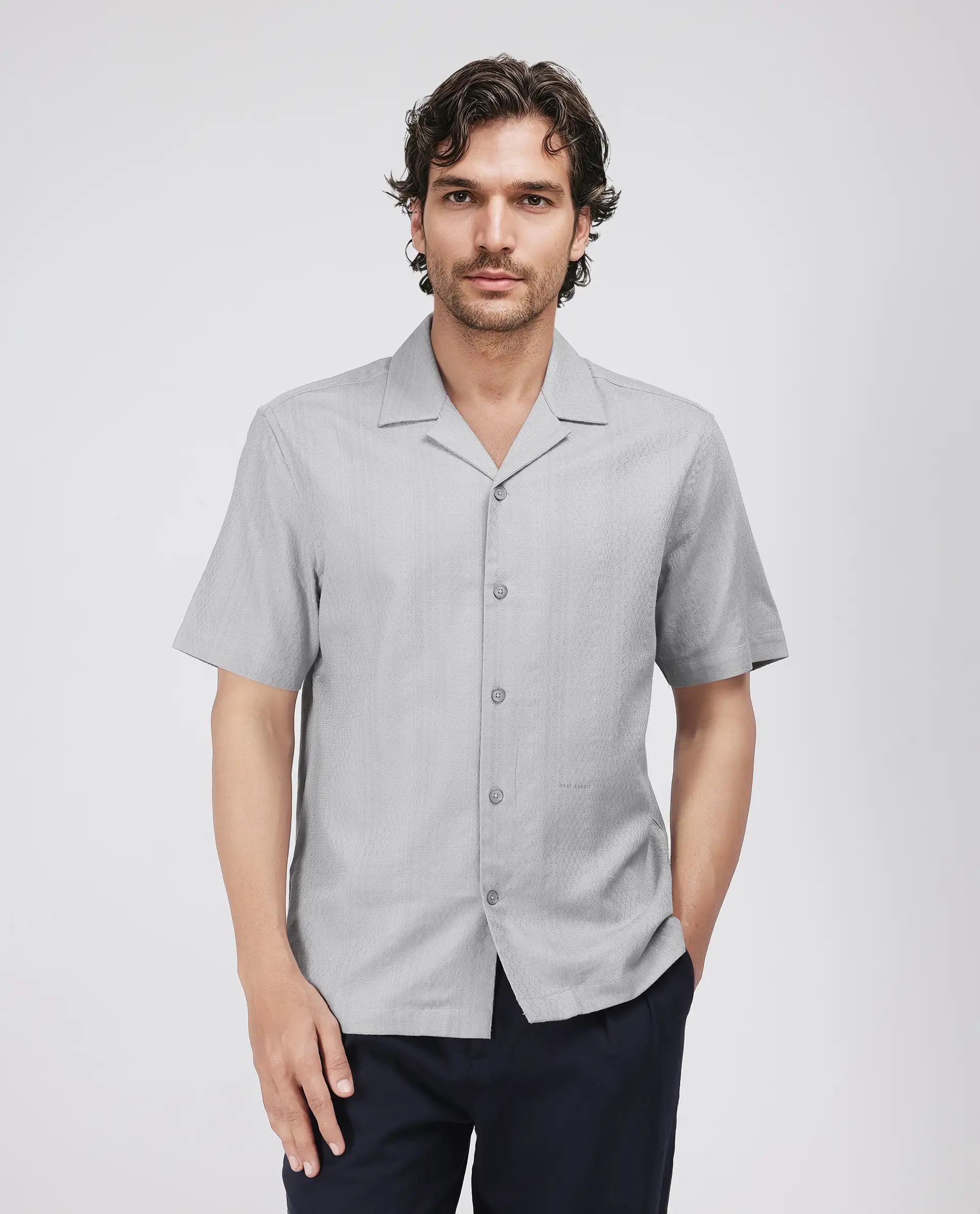 Rare Rabbit Men's Craggy Light Grey Cotton Striped Print Boxy Fit Half Sleeve Cuban Collar Shirt