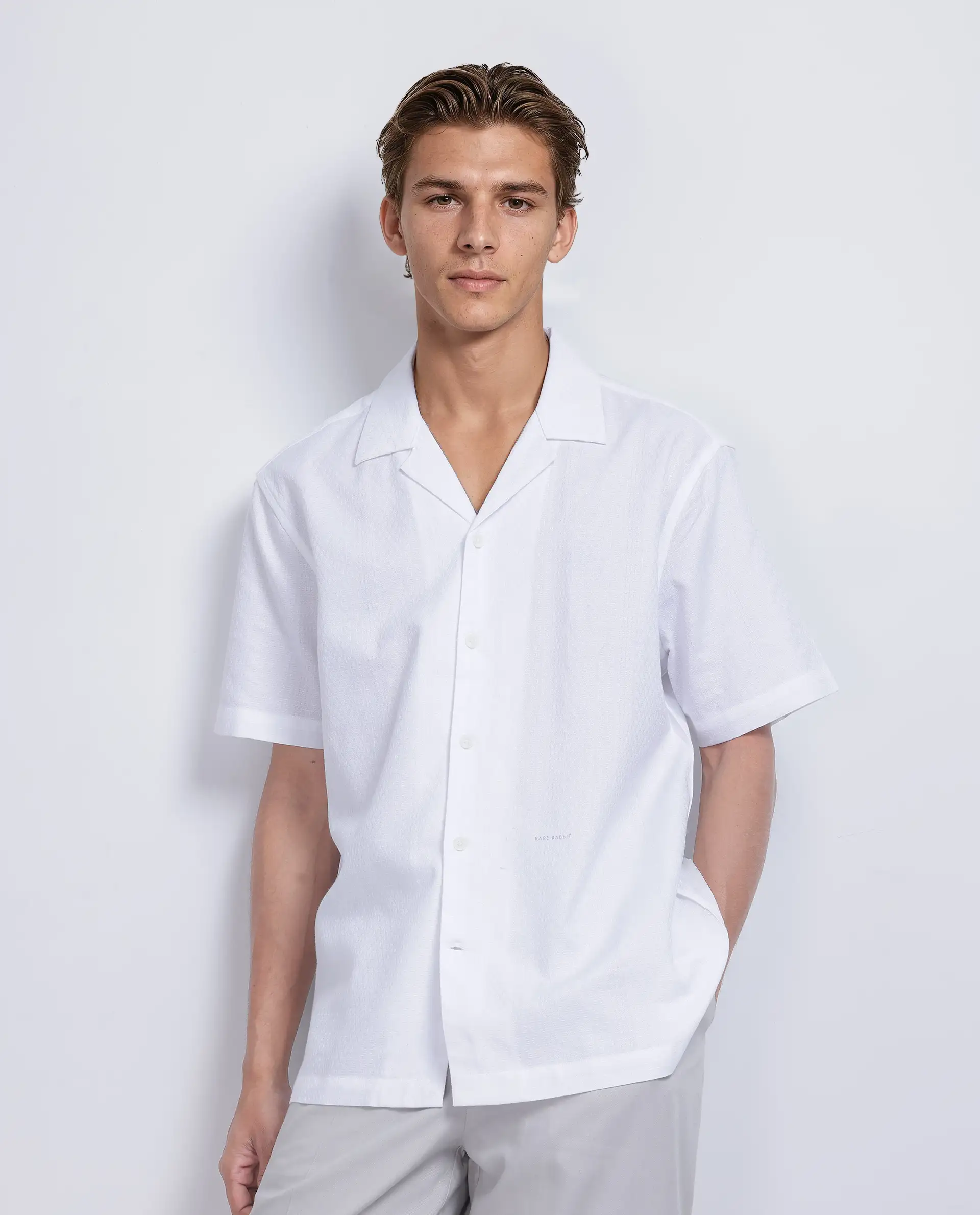 Rare Rabbit Men's Craggy White Cotton Striped Print Boxy Fit Half Sleeve Cuban Collar Shirt