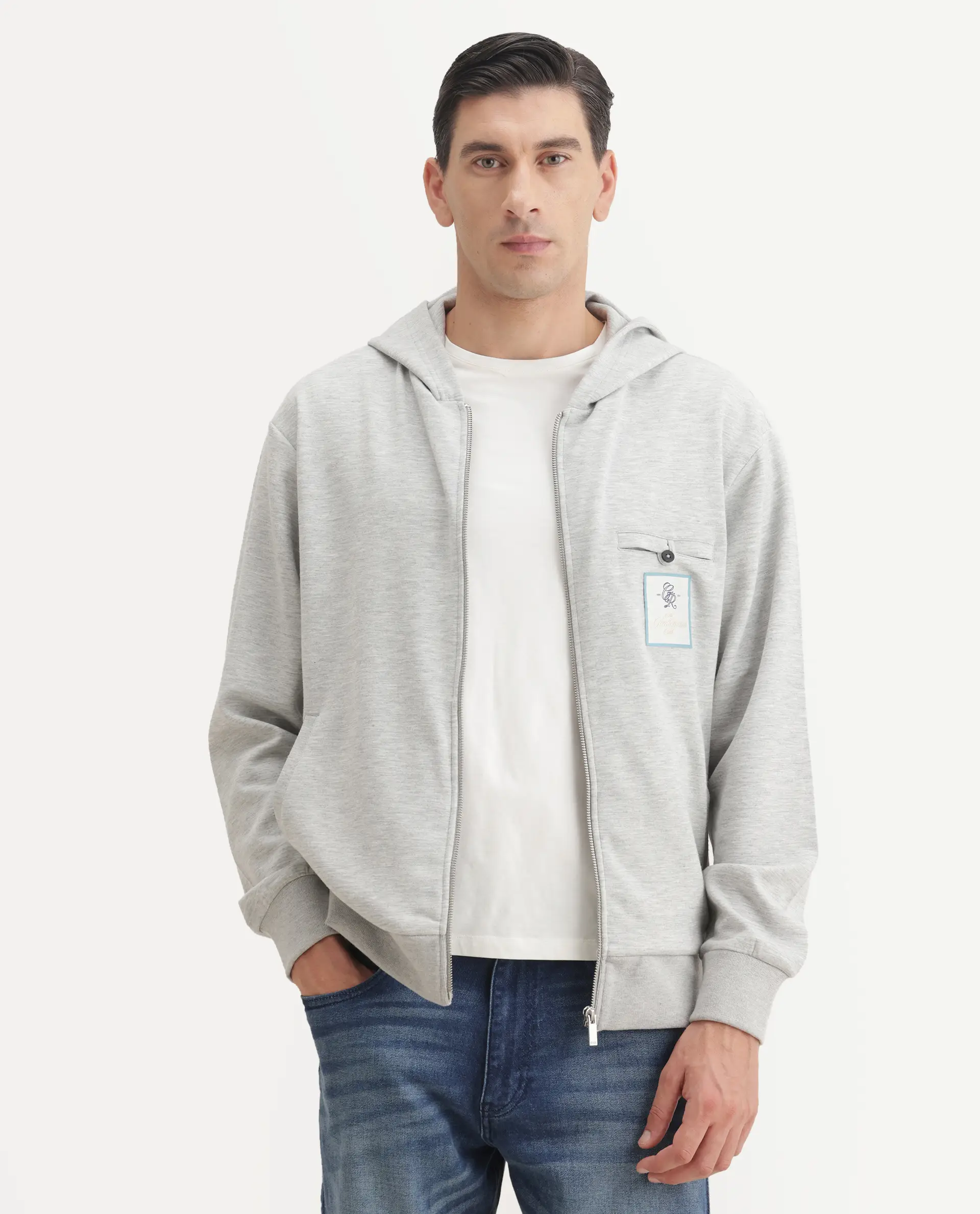 Rare Rabbit Men's Crea-T Melange Grey Modal Blend Fabric Full Sleeves Hooded Zipper Closure Label Print Sweatshirt