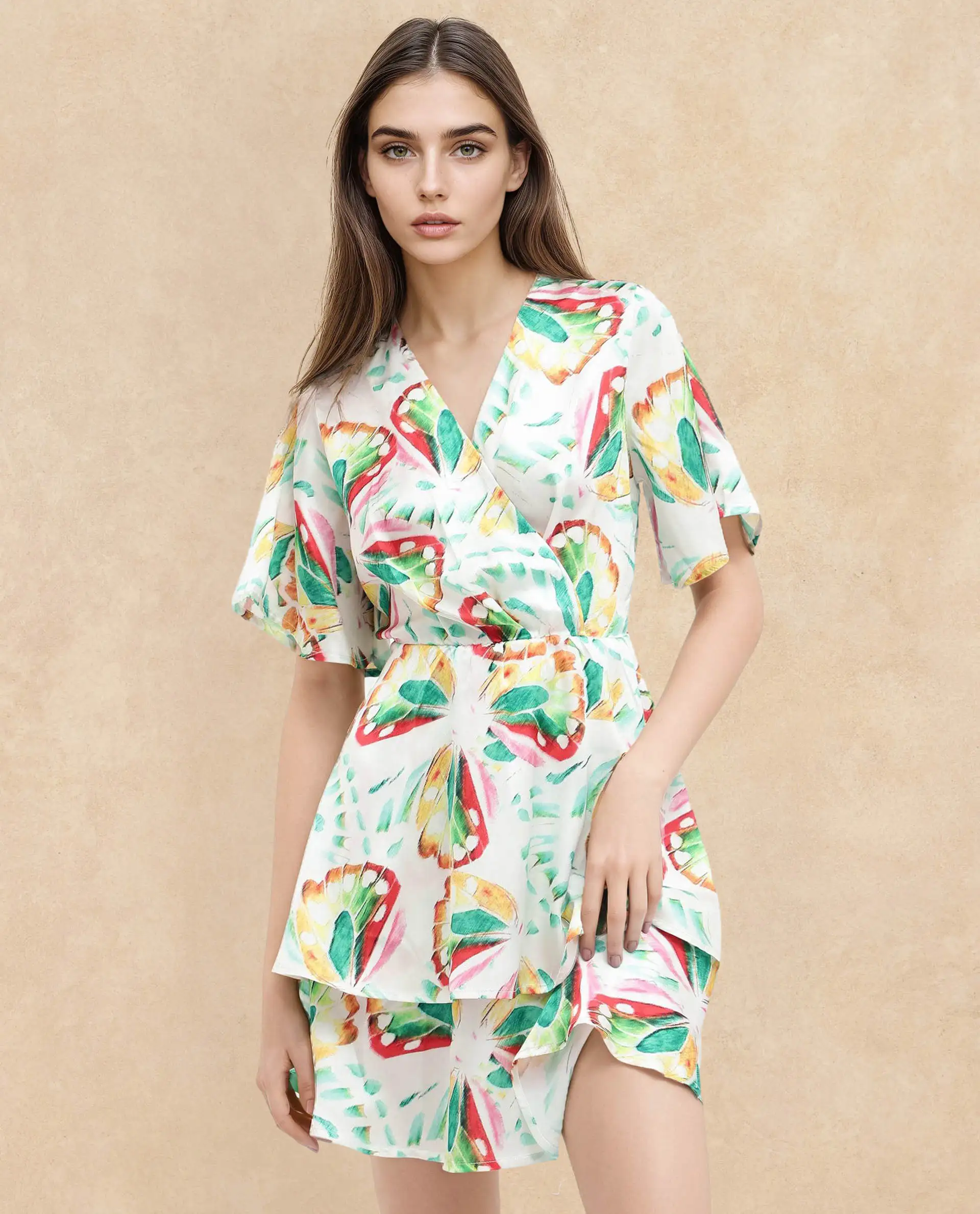 Rareism Women's Crelomi Light Multi Overlap Neck Floral Print Mini Fit And Flare Dress