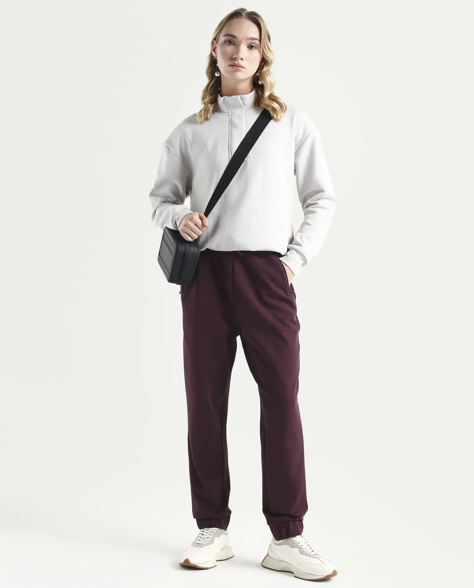 Rareism Women's Heavy Weight Interlock 340 Gsm Cotton Blend Plain Ankle Length Relaxed Fit Track Pant