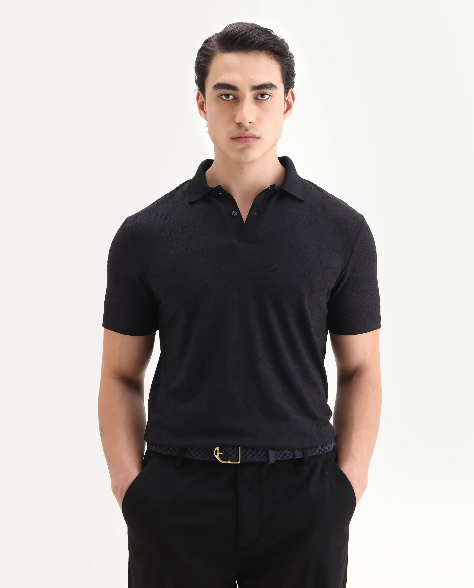Rare Rabbit Men's Criuse Navy Polyester Jacquard Regular Fit Half Sleeve Polo