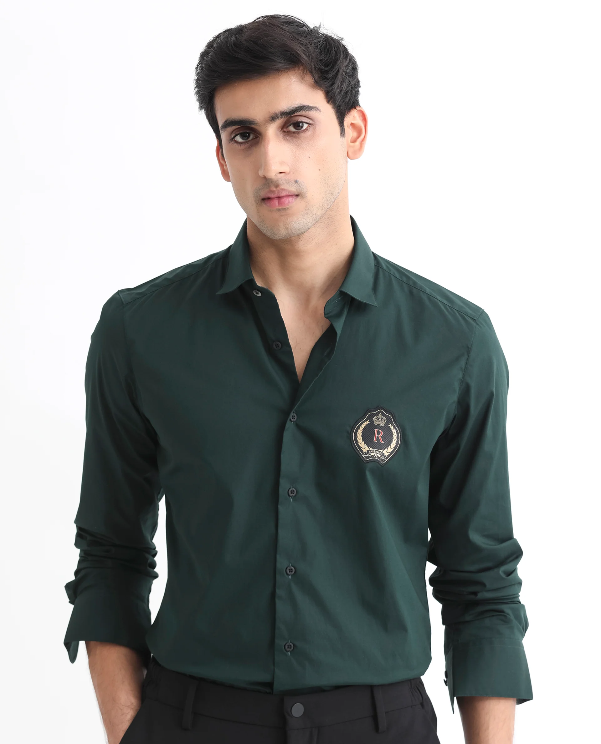 Rare Rabbit Men's Cron Dark Green Cotton Plain Regular Fit Full Sleeve Spread Collar Shirt