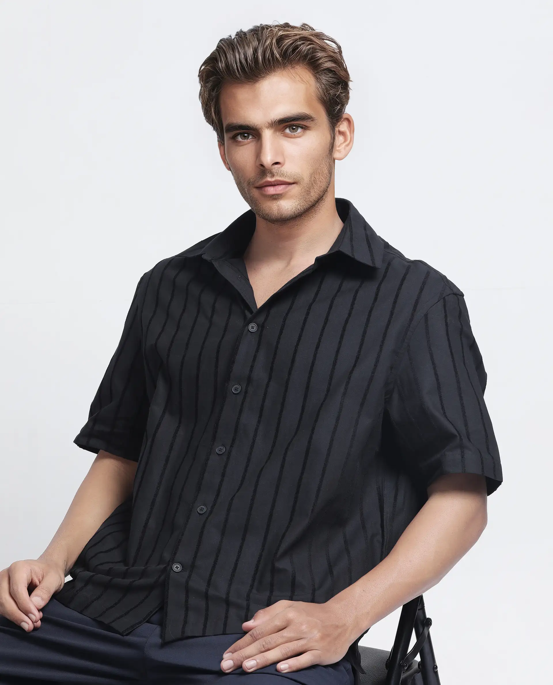 Rare Rabbit Men's Croy Ss Black Cotton Striped Print Regular Fit Half Sleeve Collared Shirt