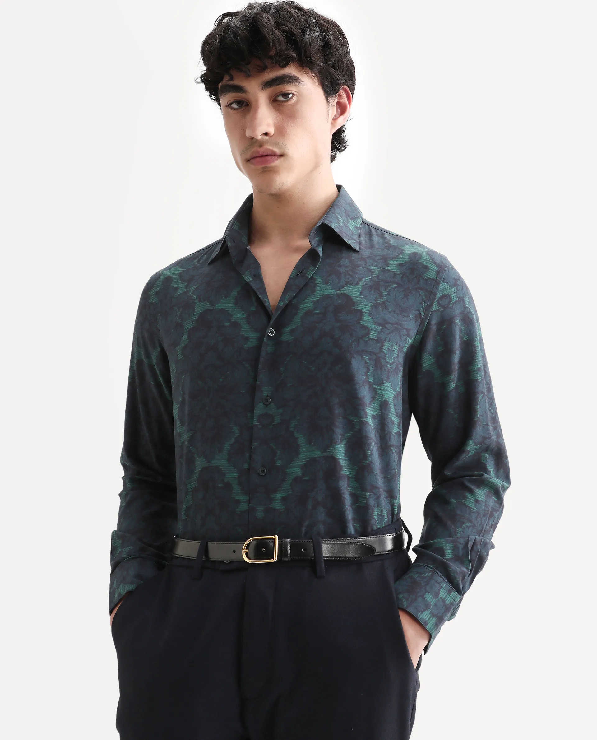 Rare Rabbit Men's Crux-25 Navy Viscose Floral Print Regular Fit Full Sleeve Collared Shirt