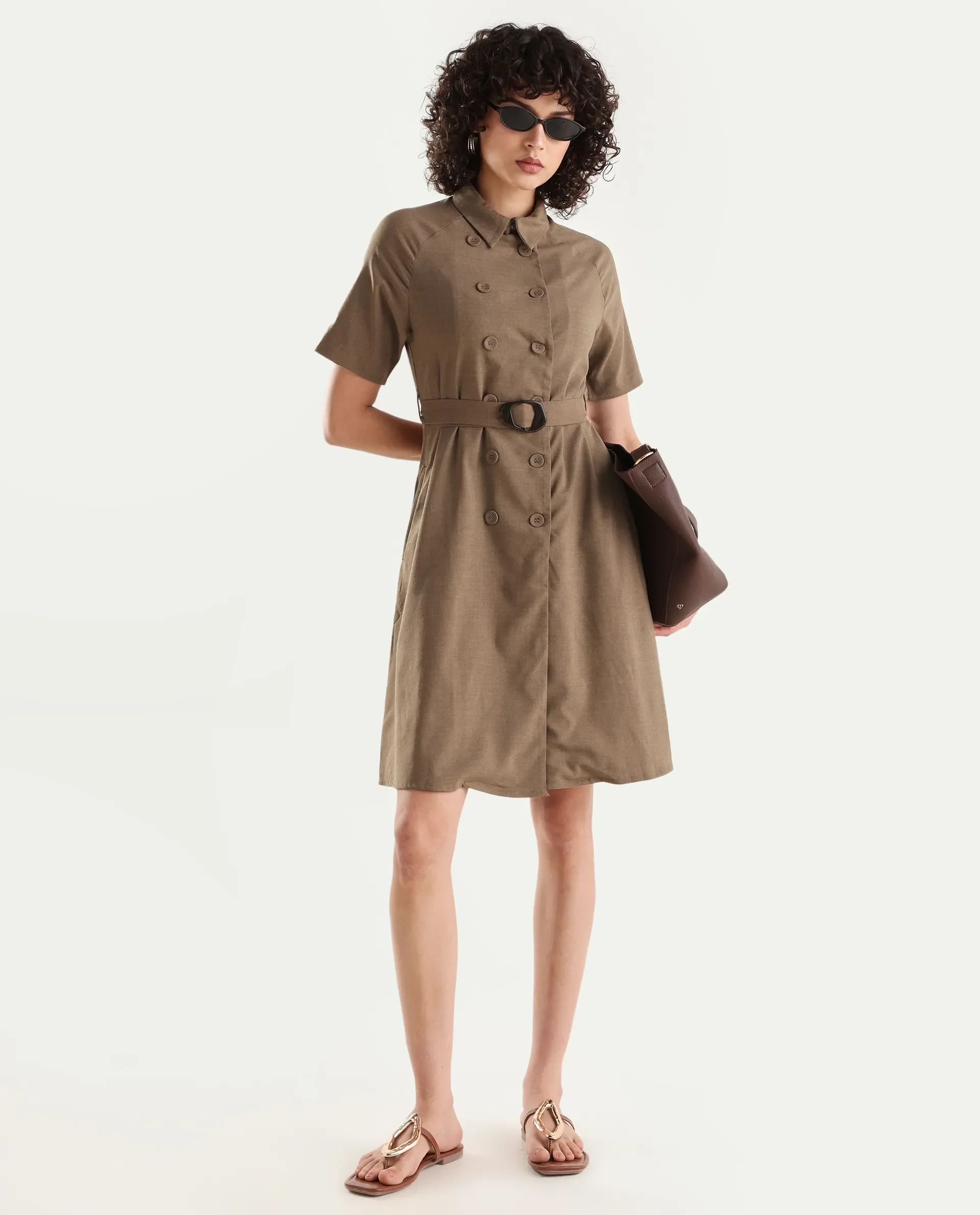 Rareism Women's Polyester Blend Drop Collar Plain Knee Length A-Line Dress
