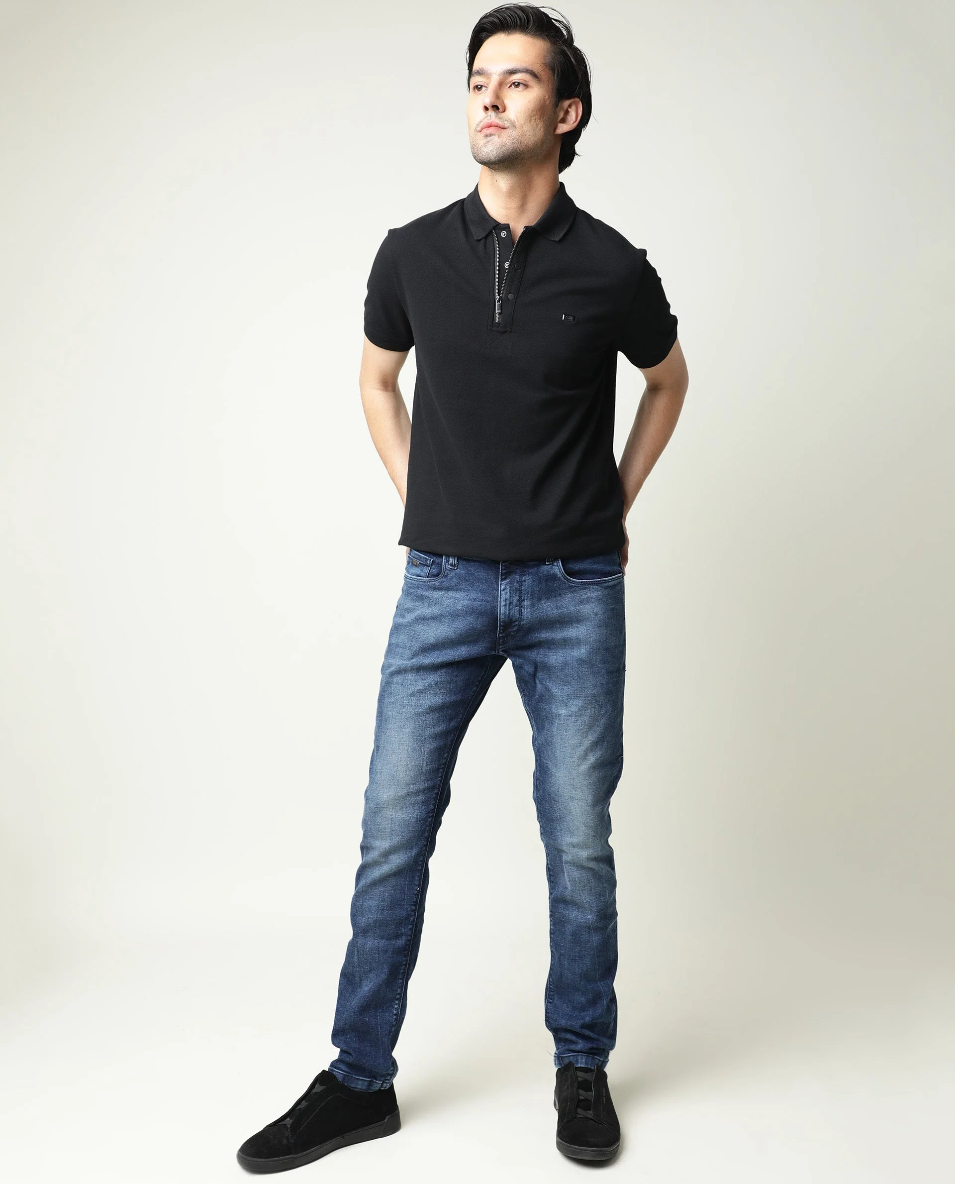 Rare Rabbit Men's Cube Blue Cotton Plain Hawk Slim Fit Jeans