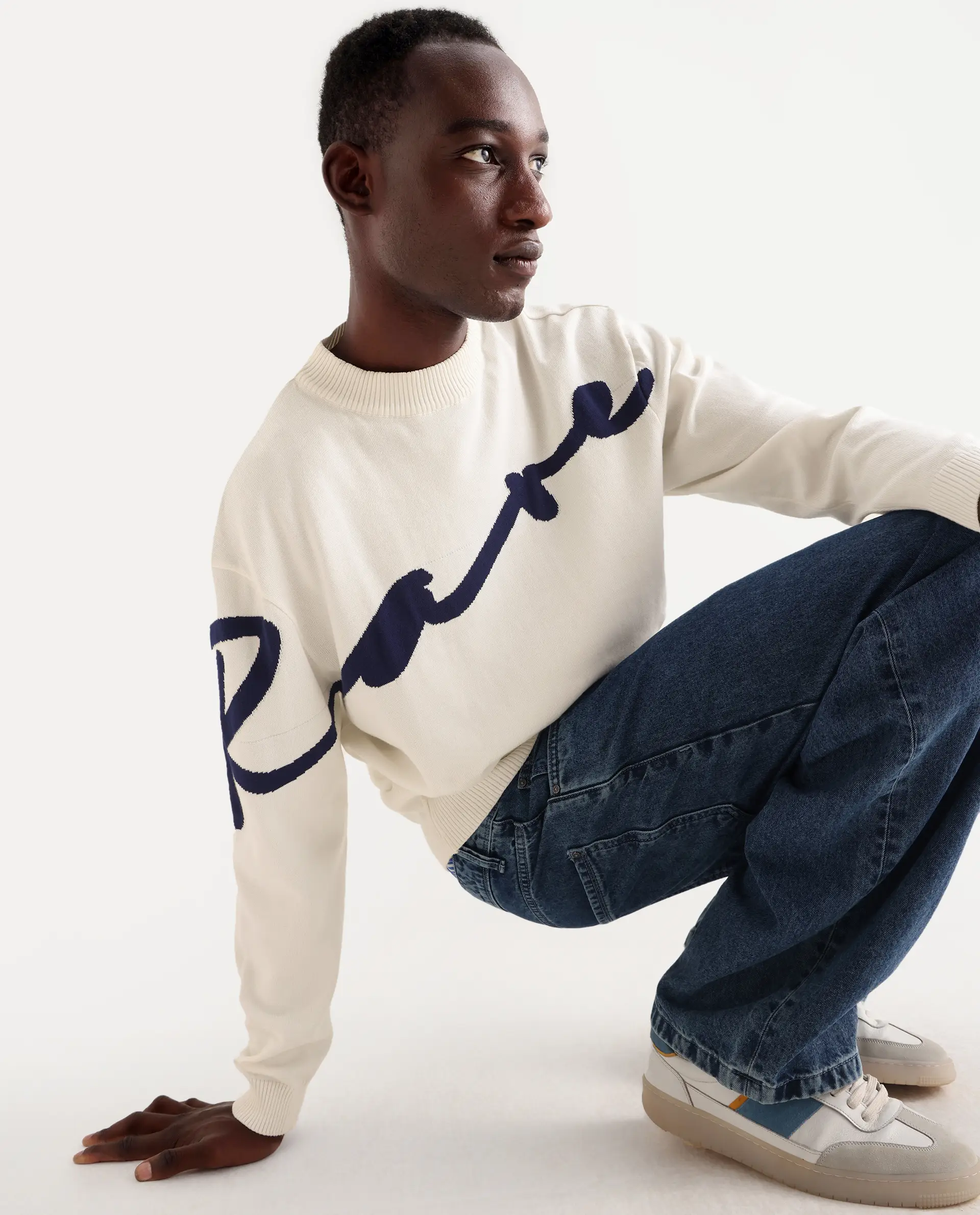 Rare Rabbit Men's Cyan Off White Cotton Textured Regular Fit Full Sleeve Crew Neck Sweater