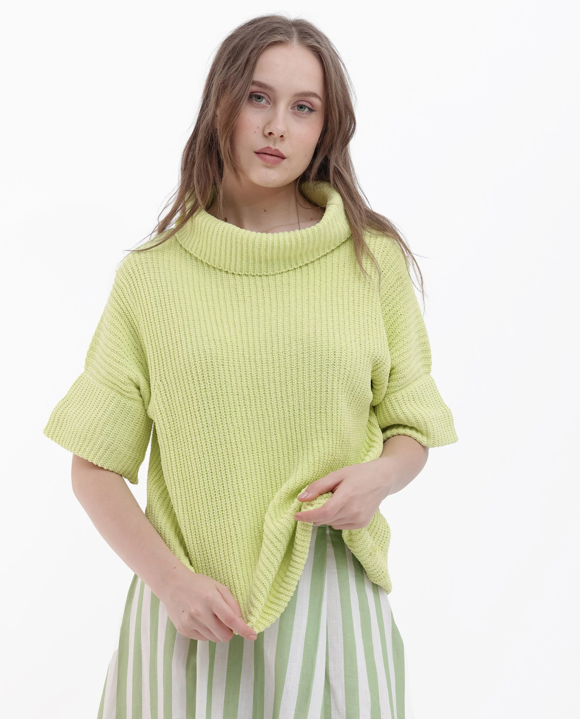 Rareism Women's Daffy 1 Flouroscent Yellow Cotton High Neck Plain Relaxed Fit Sweater