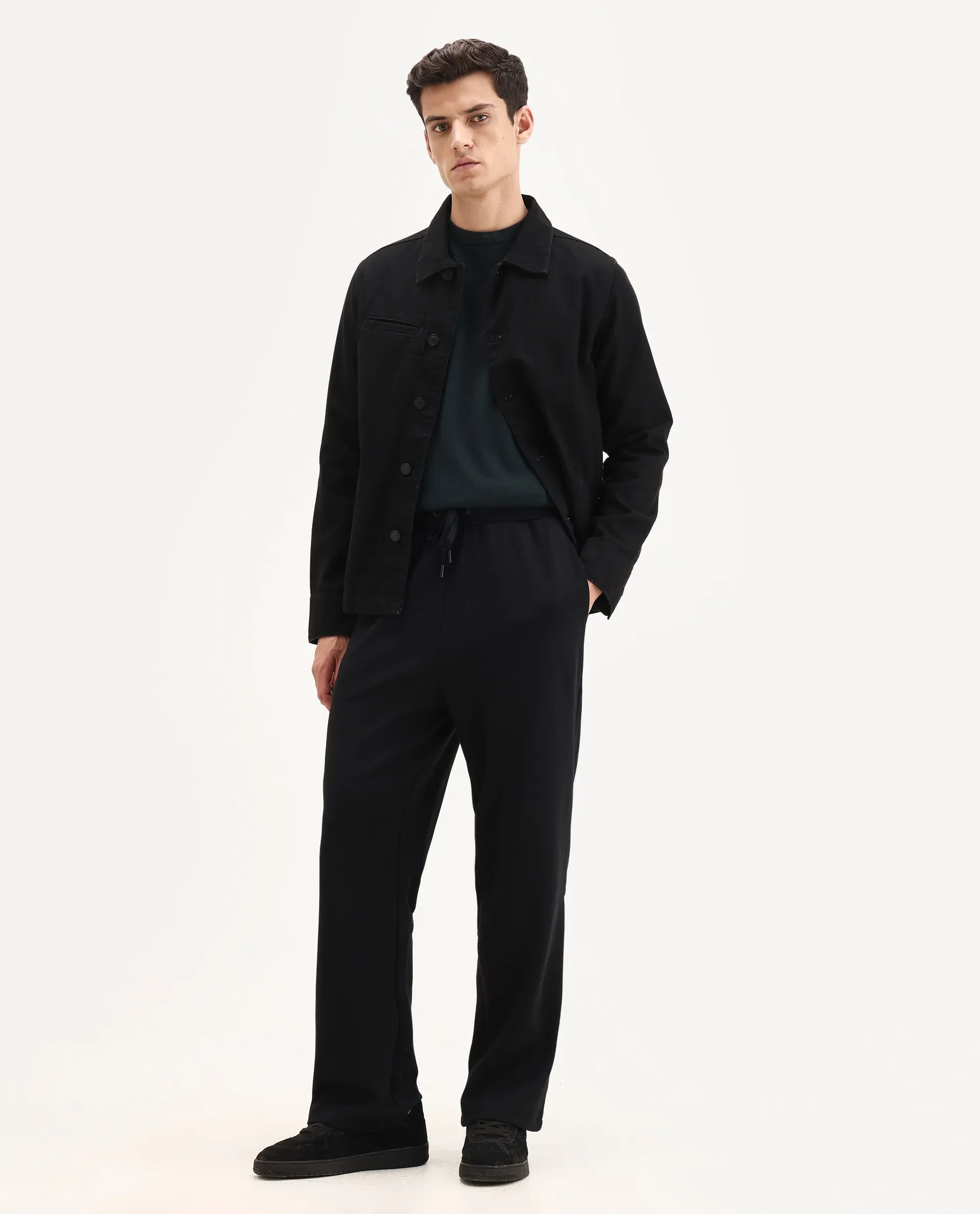 Rare Rabbit Men's Dalton Black Cotton Blend Plain Baggy Fit Trouser
