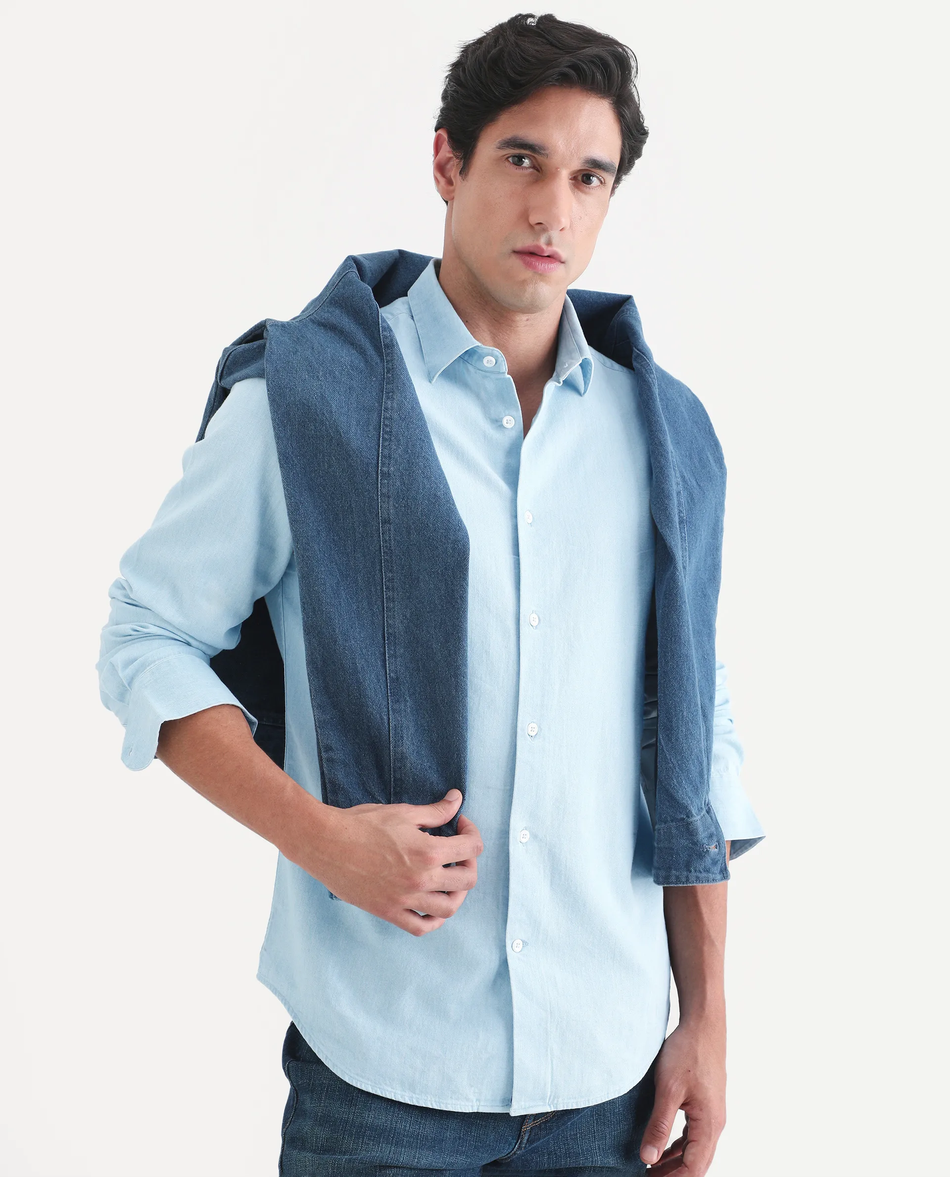 Rare Rabbit Men's Dami Light Blue Cotton Fabric Full Sleeve Spread Collar Regular Fit Plain Denim Shirt