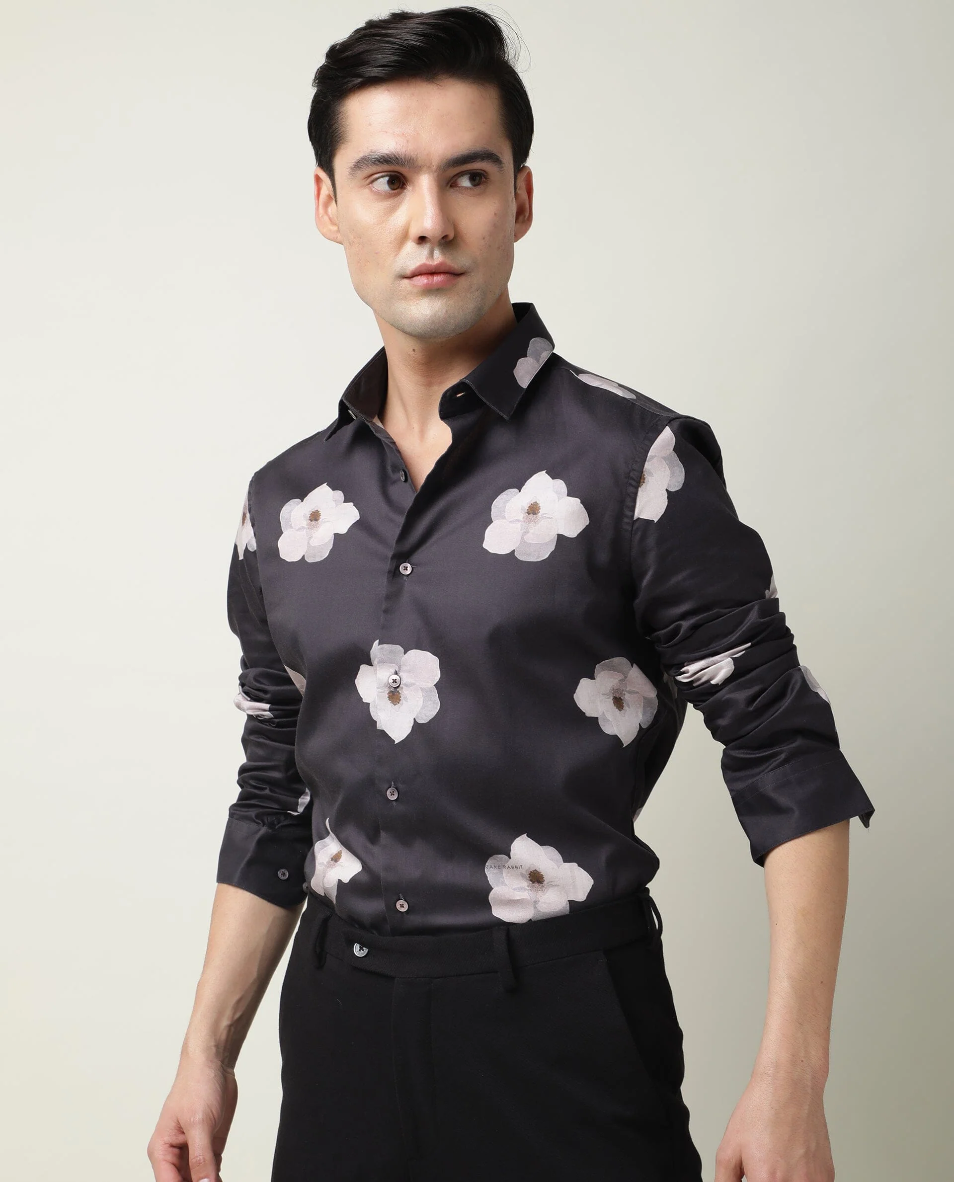 Rare Rabbit Men's Damo Black Cotton Floral Print Regular Fit Full Sleeve Collared Shirt