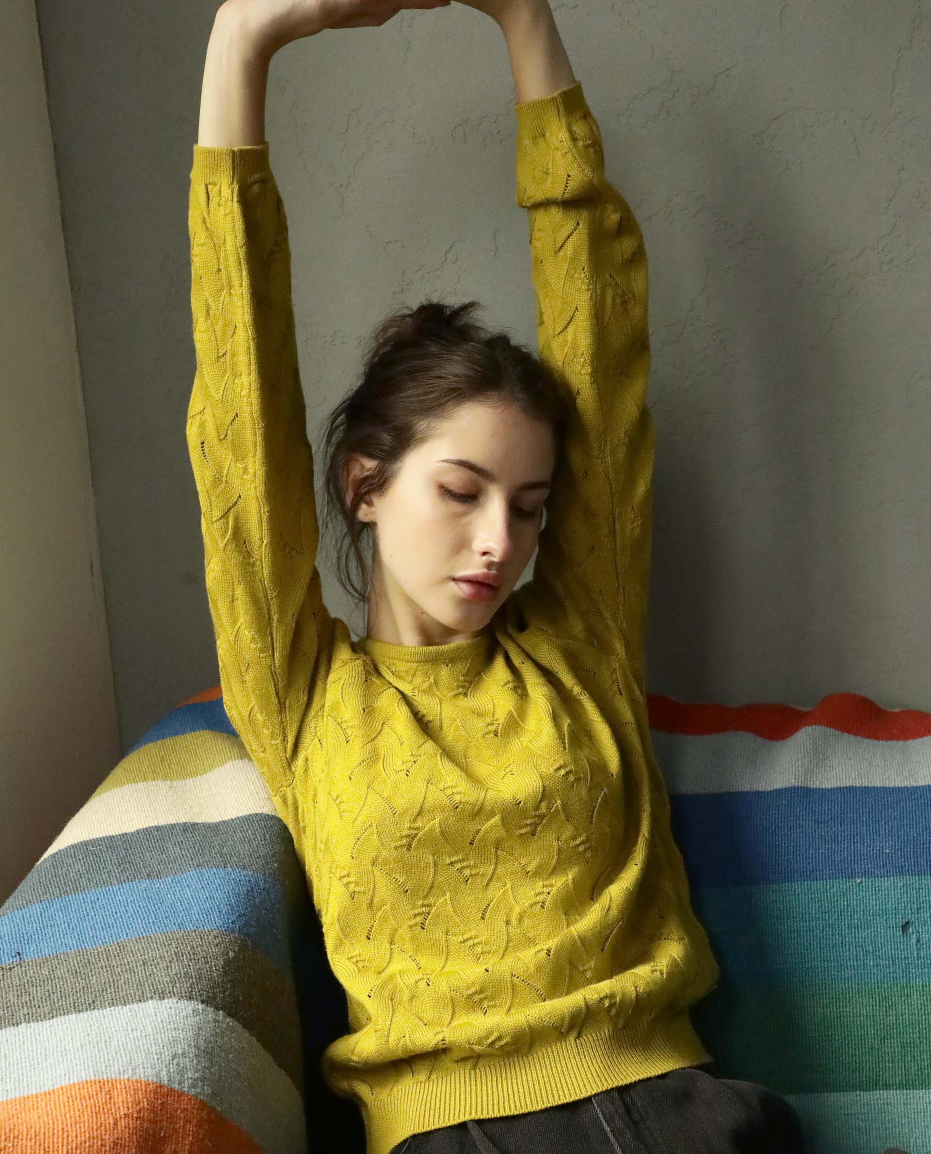 Rareism Women's Danbury Yellow Acrylic Crew Neck Plain Relaxed Fit Sweater