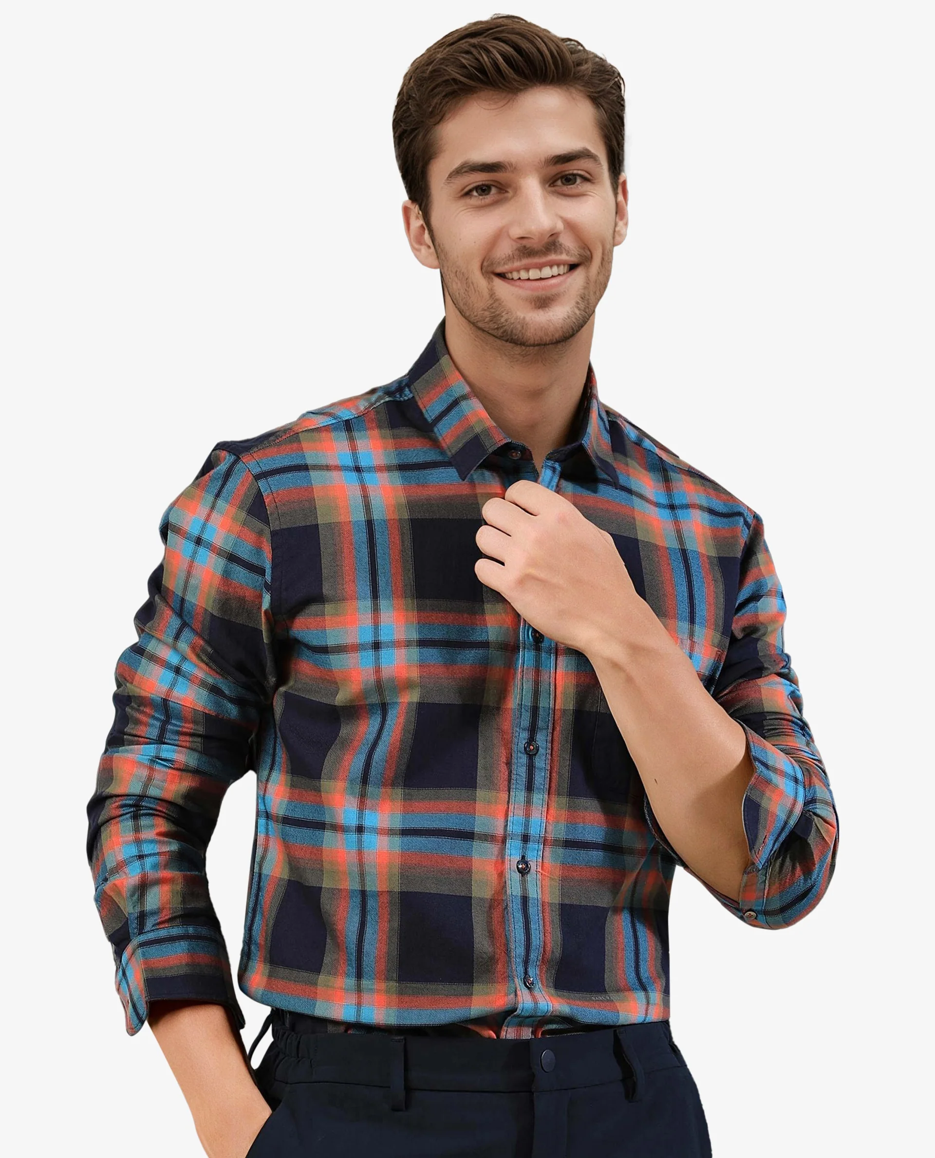 Rare Rabbit Men's Daneil Navy Cotton Checked Print Regular Fit Full Sleeve Collared Shirt