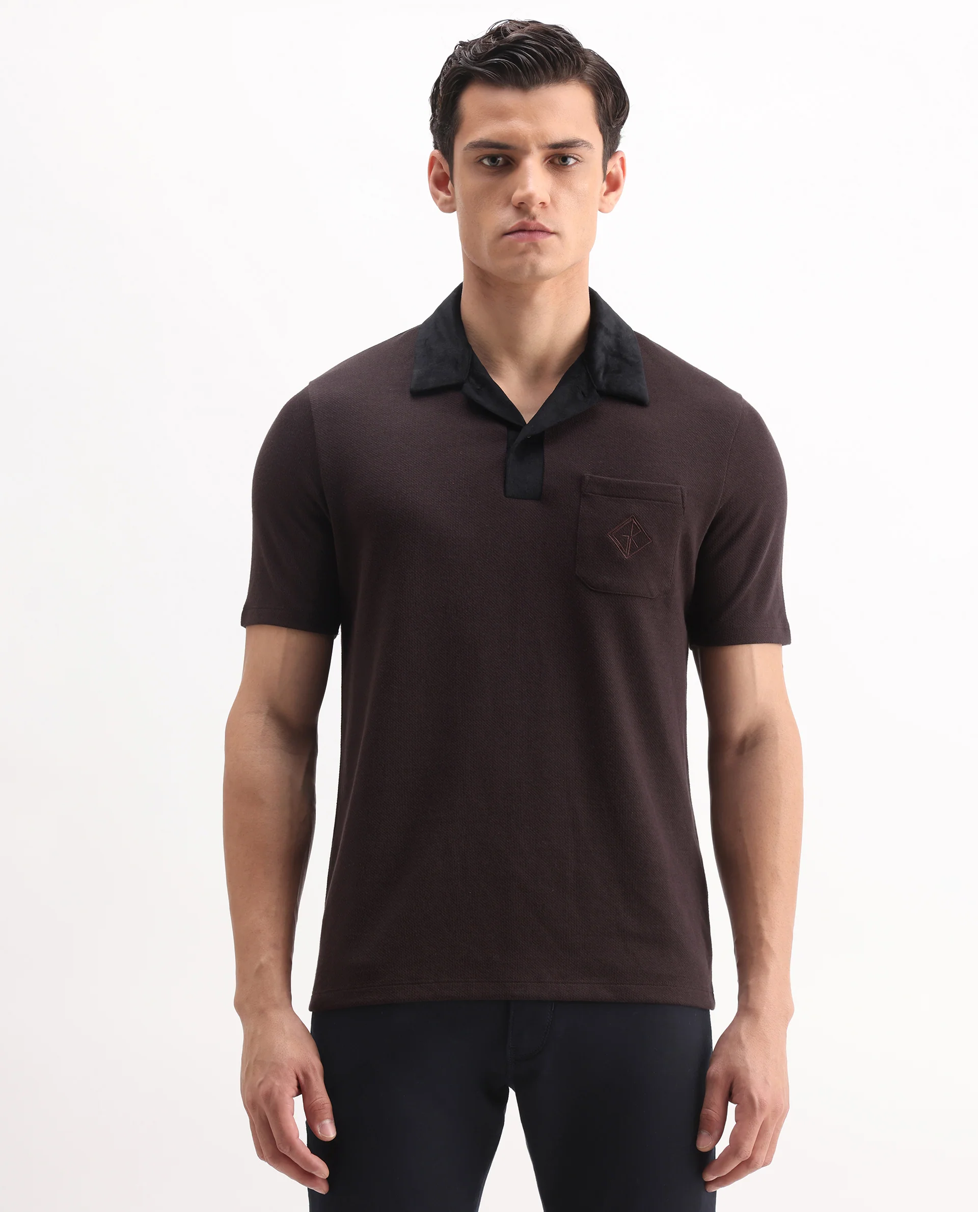 Rare Rabbit Men's Danio Dark Brown Cotton Blend Plain Regular Fit Half Sleeve Polo