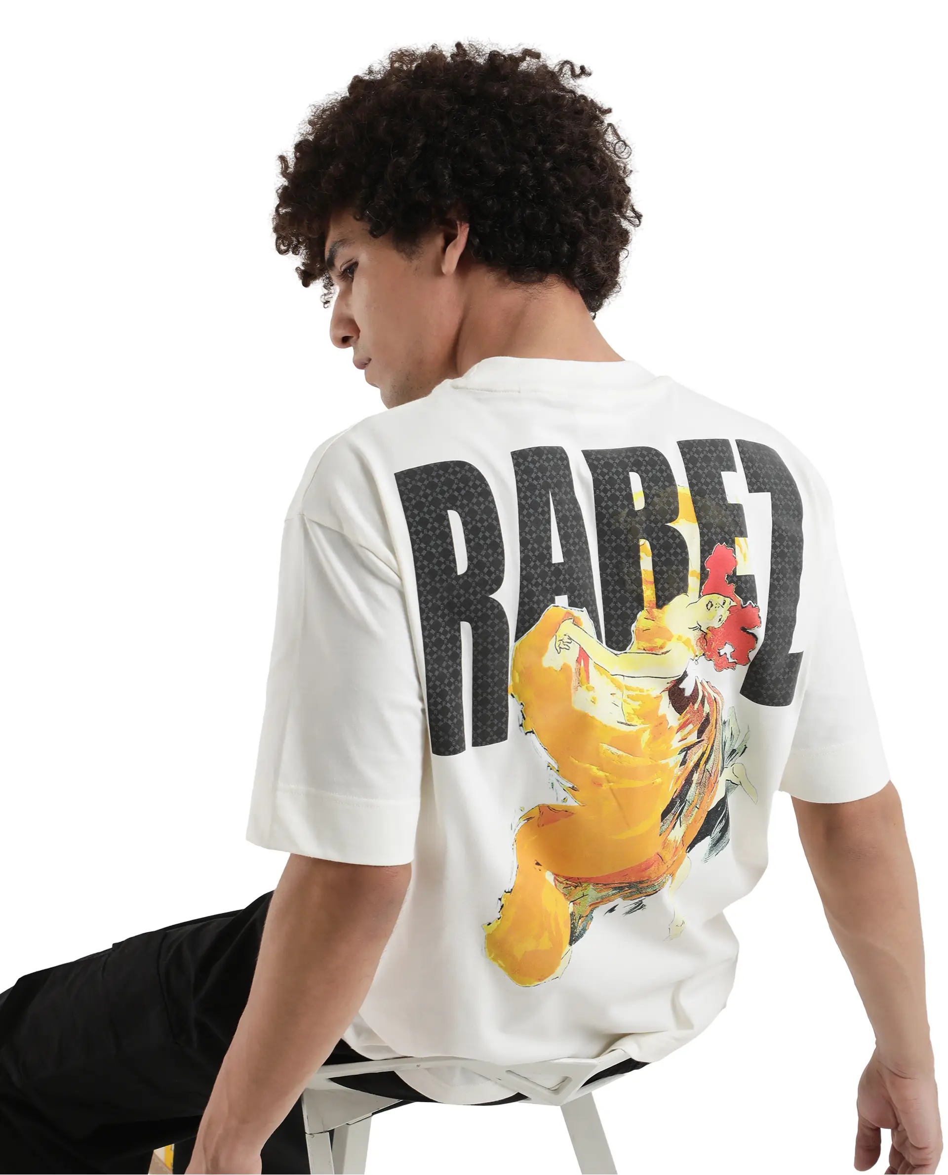 Rare Rabbit Men's Danq Off White Cotton Graphic Print Oversized Fit Half Sleeve Crew Neck T-Shirt