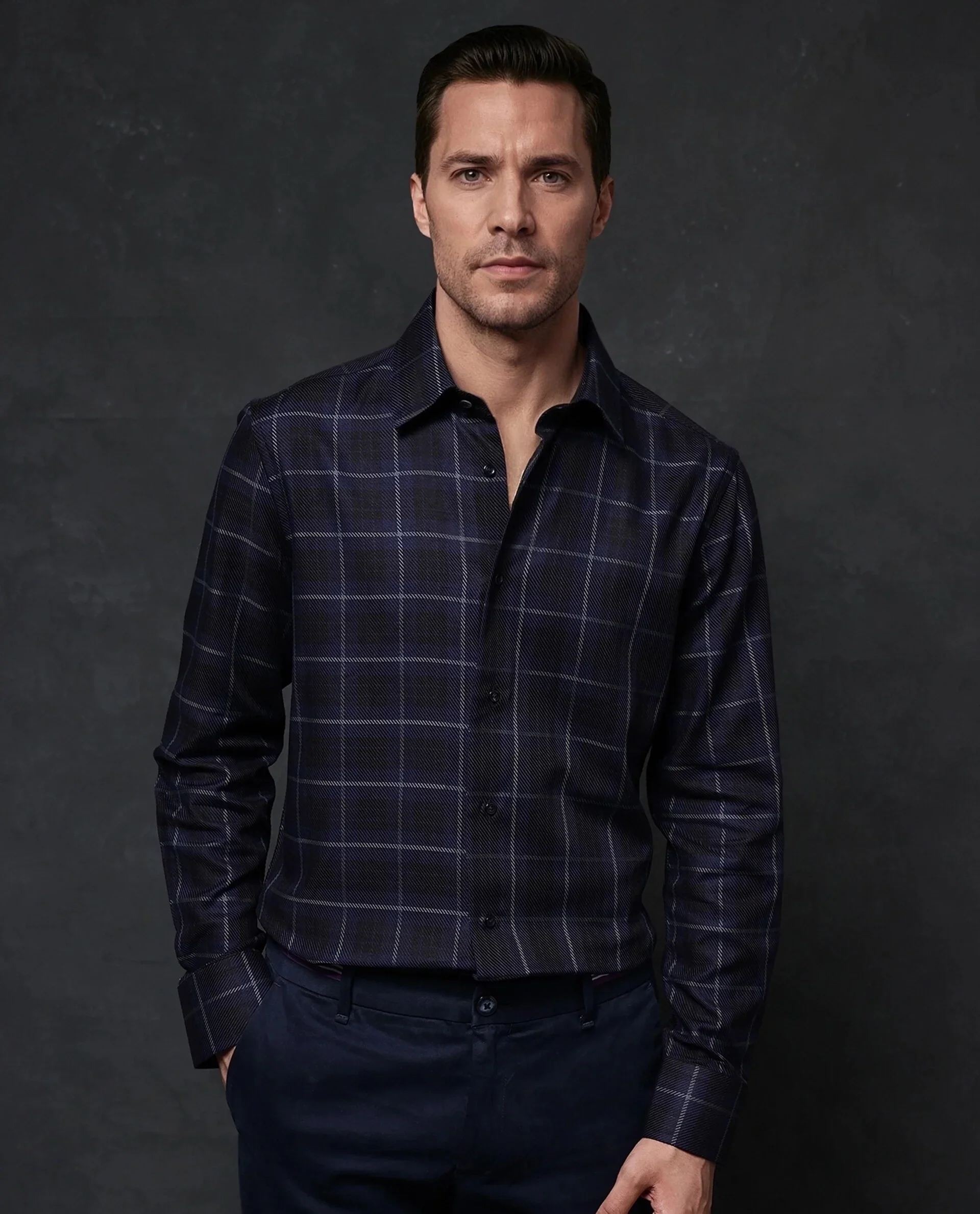Rare Rabbit Men's Dany Navy Cotton Checked Print Regular Fit Full Sleeve Collared Shirt