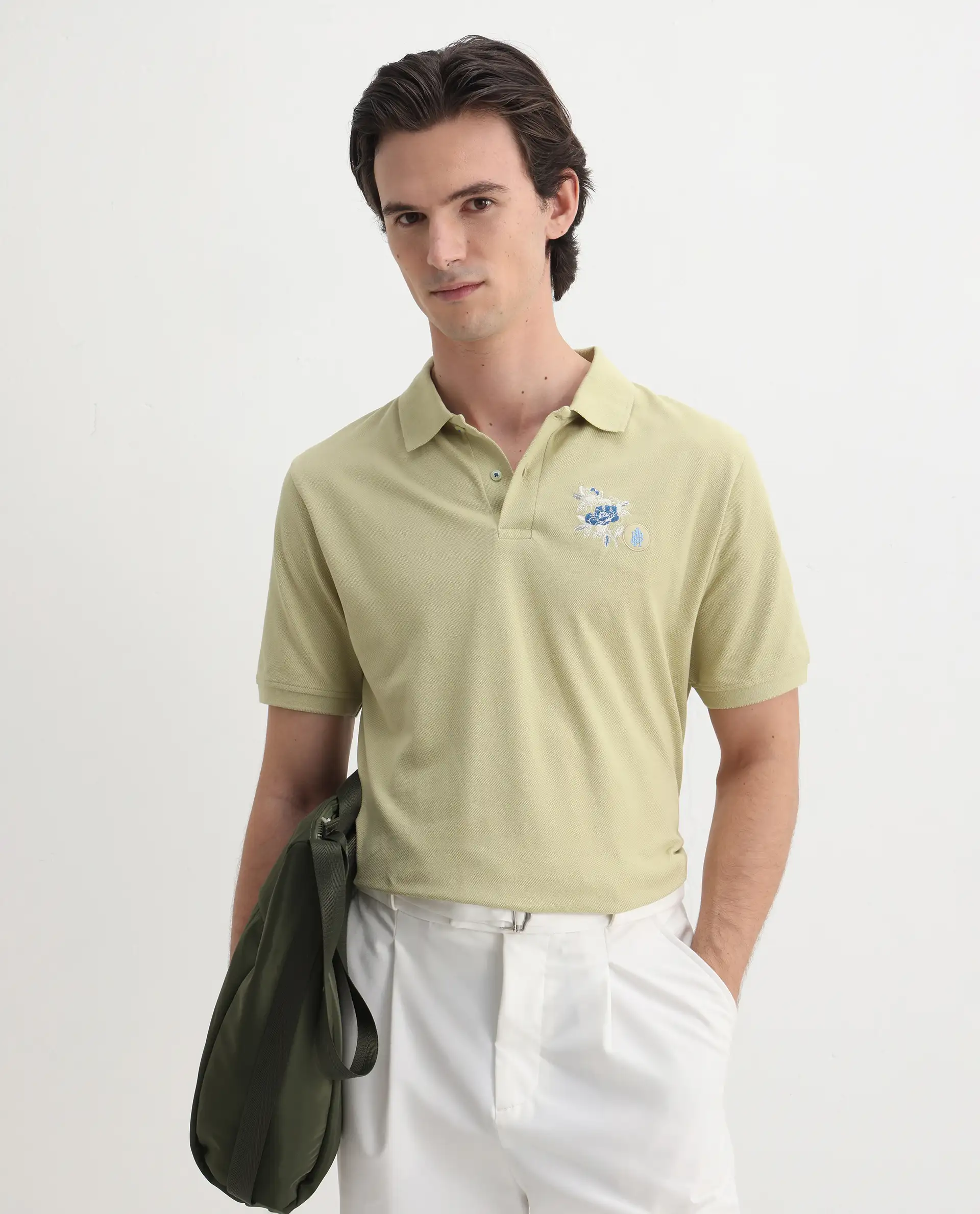 Rare Rabbit Men's Dariol Light Green Cotton Embroidered Regular Fit Half Sleeve Polo