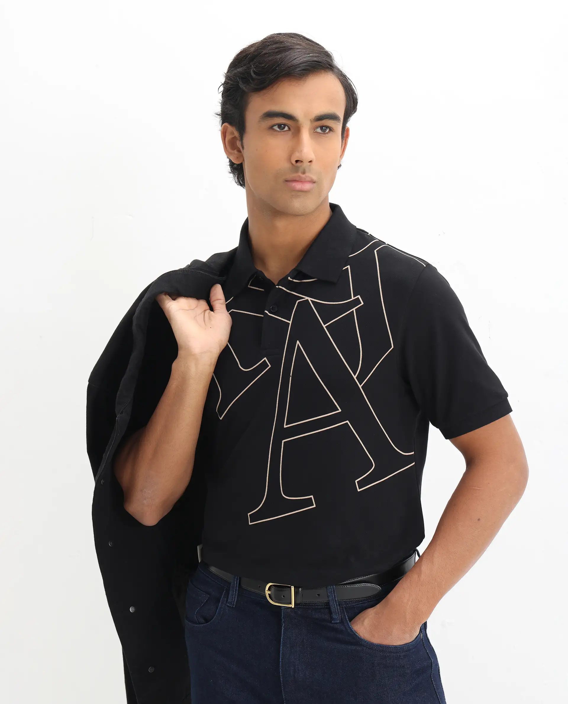 Rare Rabbit Men's Daryl Black Cotton Graphic Print Regular Fit Half Sleeve Polo