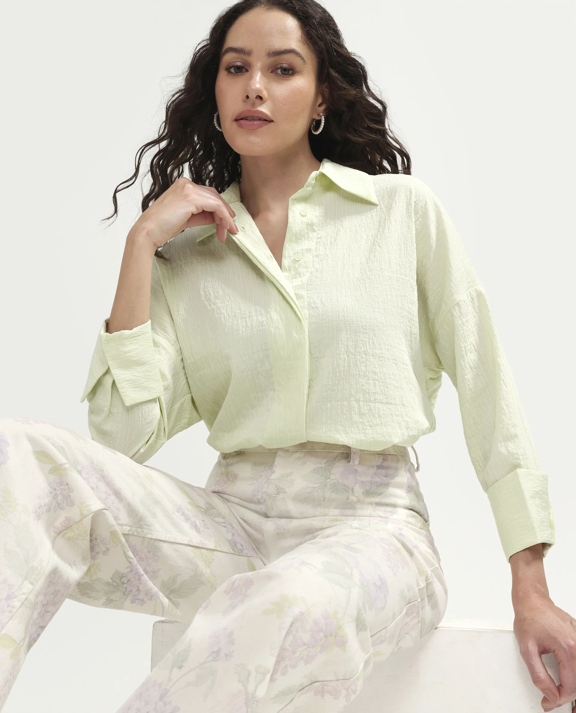 Rareism Women's Davi Light Green Viscose Blend Full Sleeve Collared Relaxed Plain Shirt