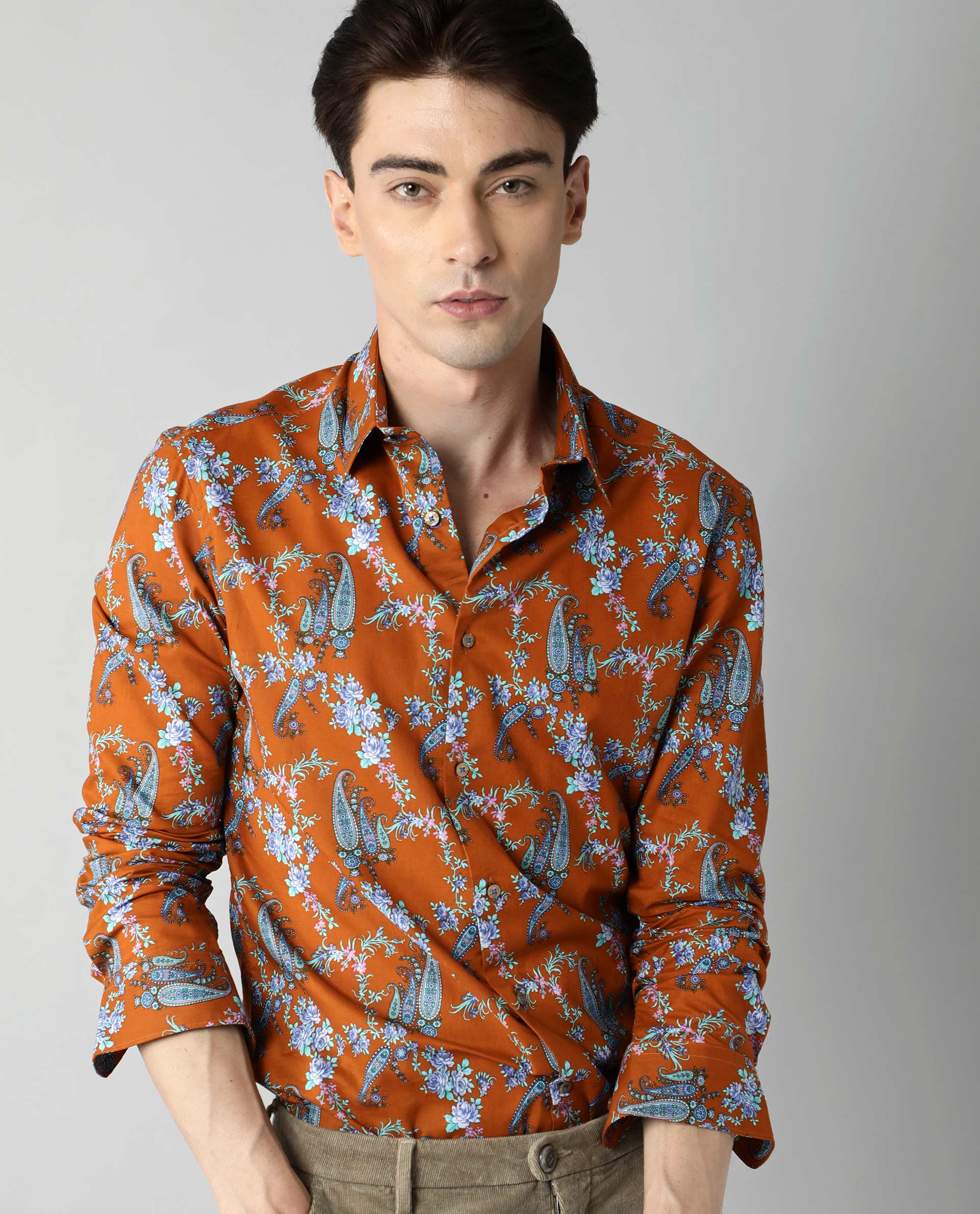 Rare Rabbit Men's Davos Orange Cotton Tailored Fit Full Sleeve Spread Collar Shirt