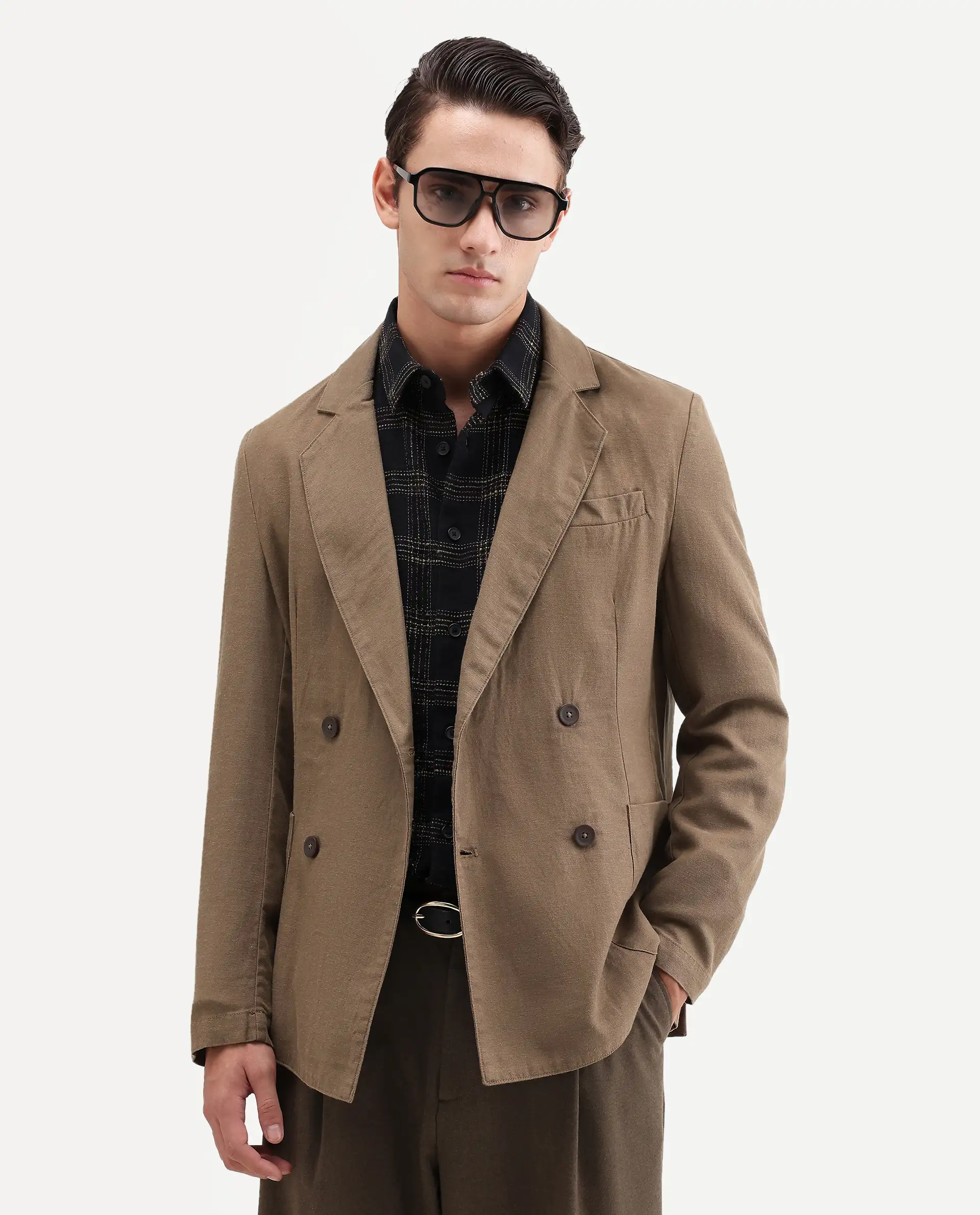 Rare Rabbit Men's Deb Khaki Linen Blend Fabric Lapel Neck Tailored Fit Plain Blazer