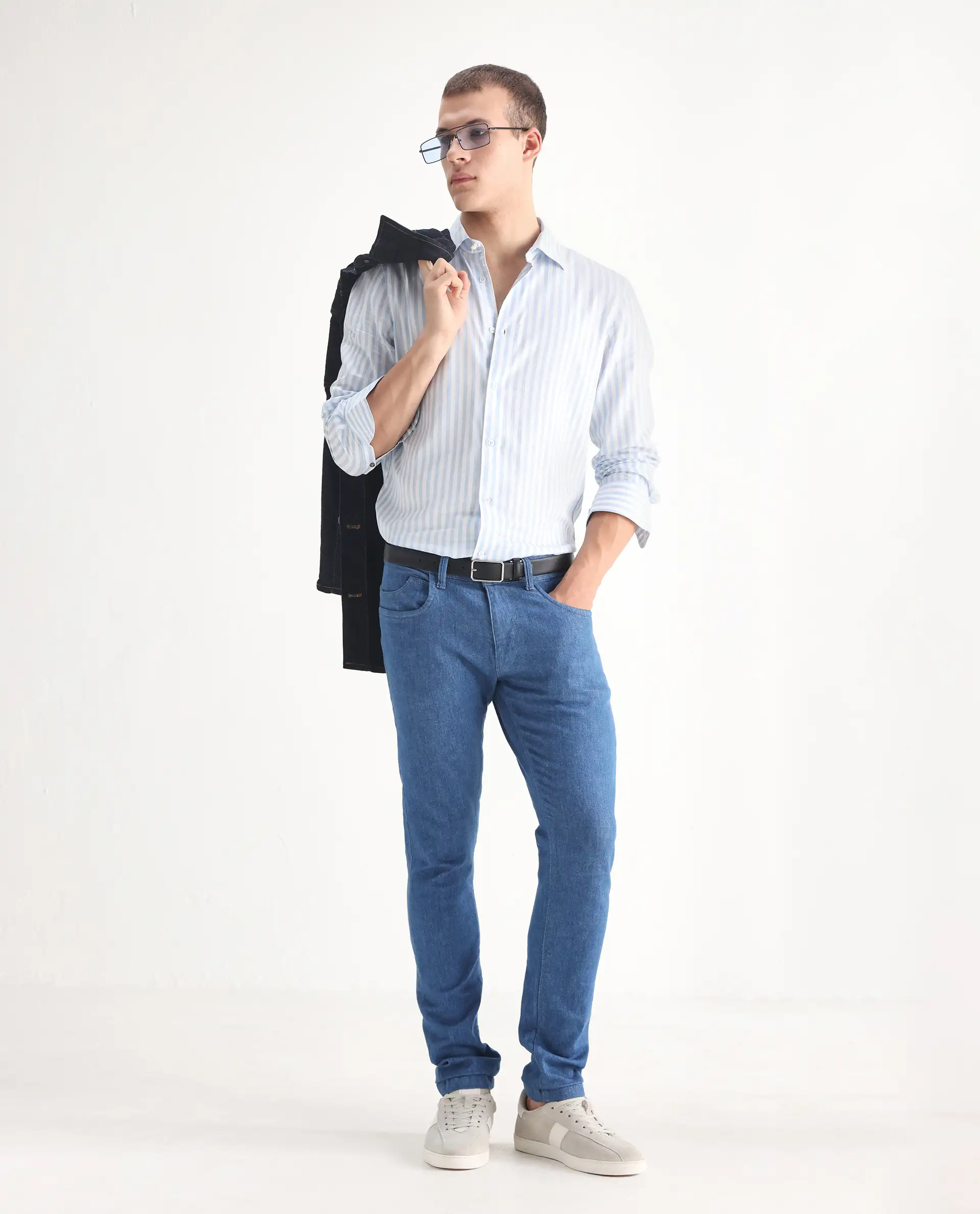 Rare Rabbit Men's Decca Blue Cotton Plain Hawk Slim Fit Jeans