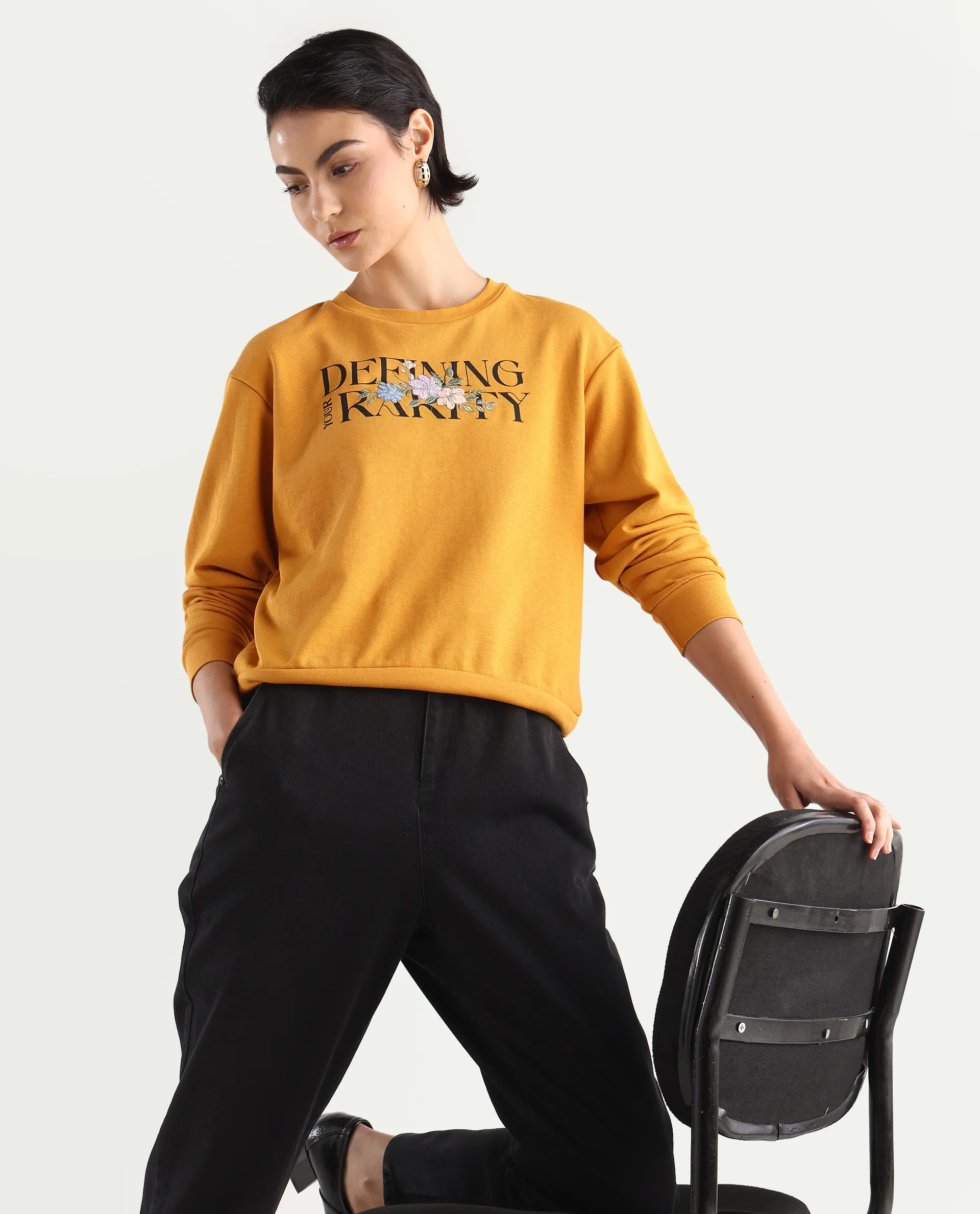 Rareism Women's Defni Dusky Mustard Cotton Blend Crew Neck Graphic Print Relaxed Fit Sweatshirt