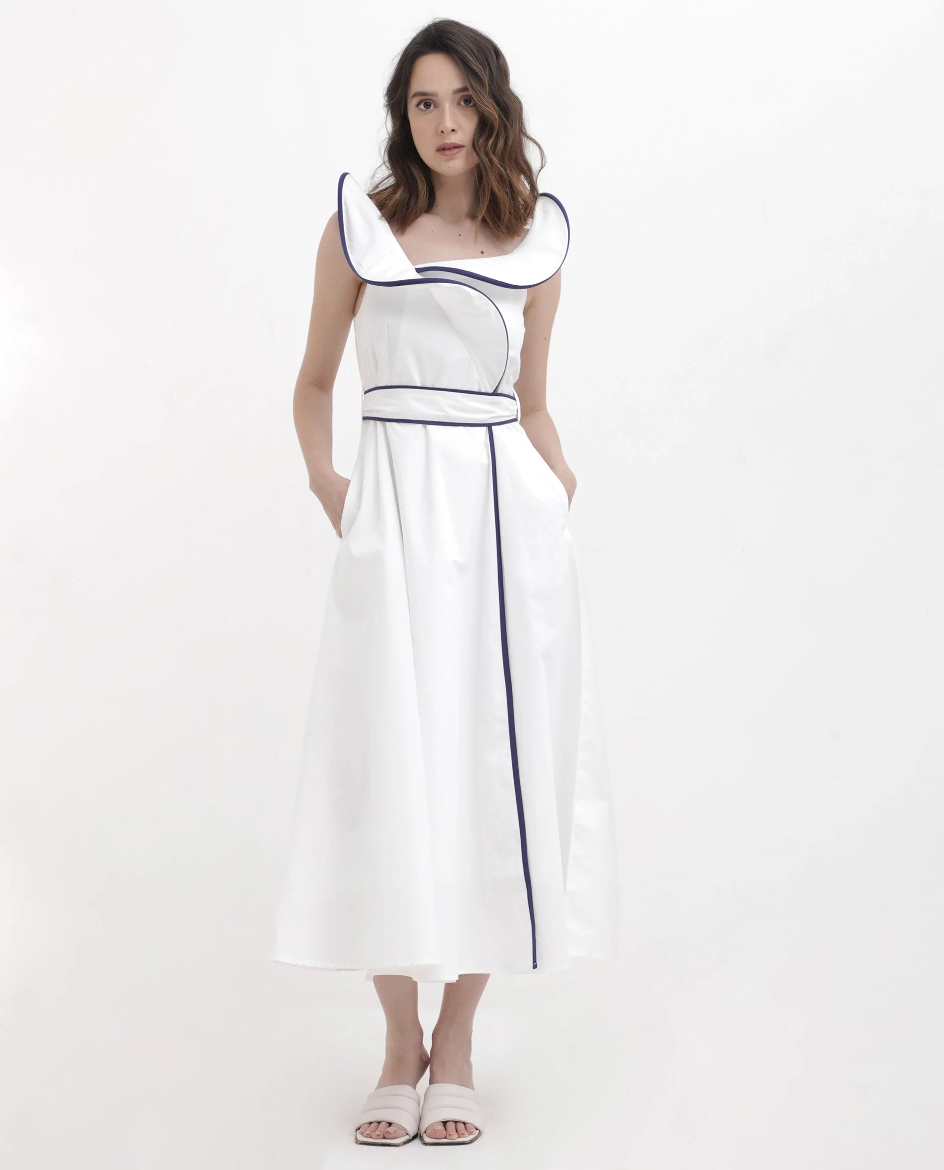 Rareism Women's Demono White Cotton Spread Collar Plain Sleeveless Maxi Fit And Flare Dress