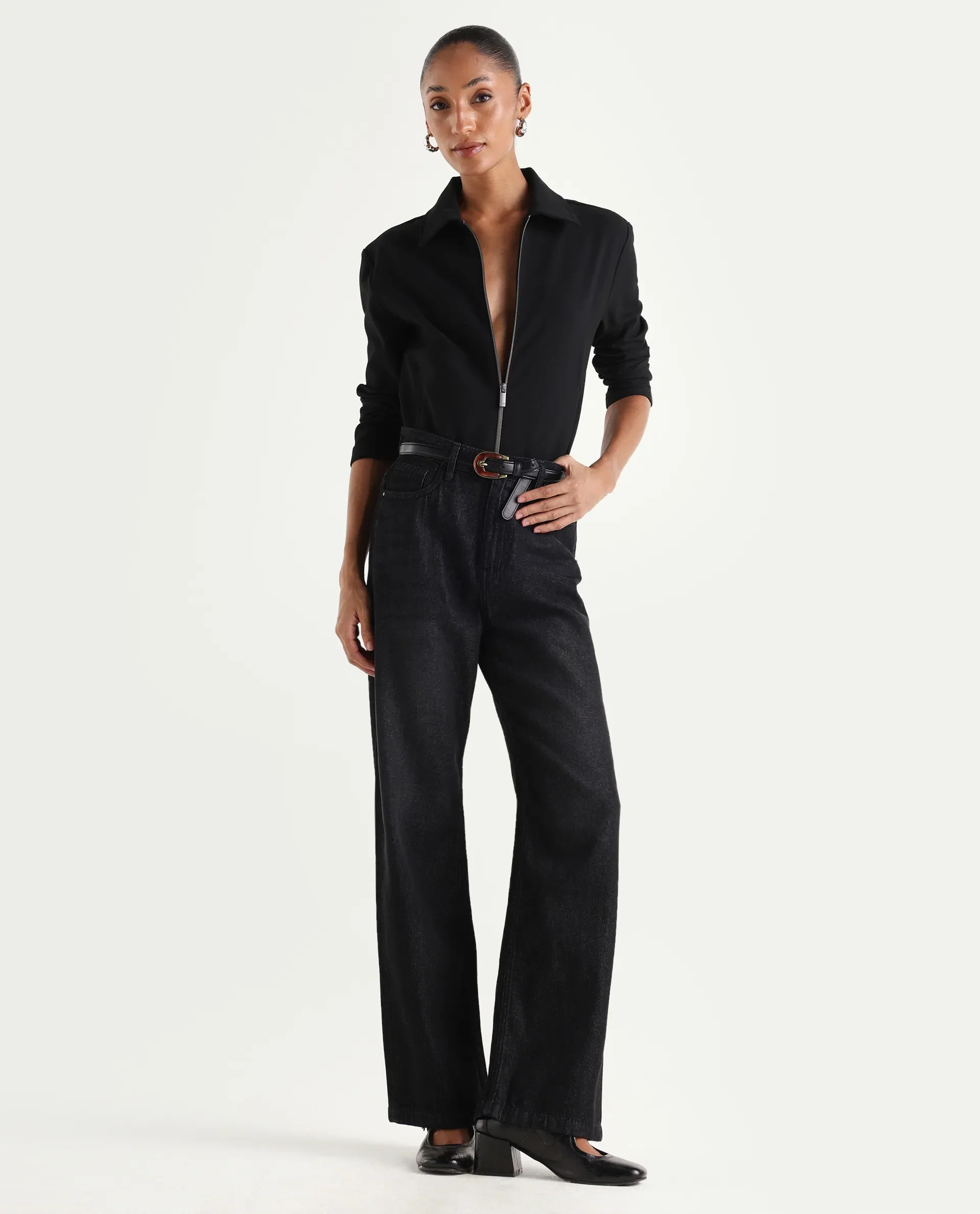 Rareism Women's Dency Black Cotton Straight Plain Jeans