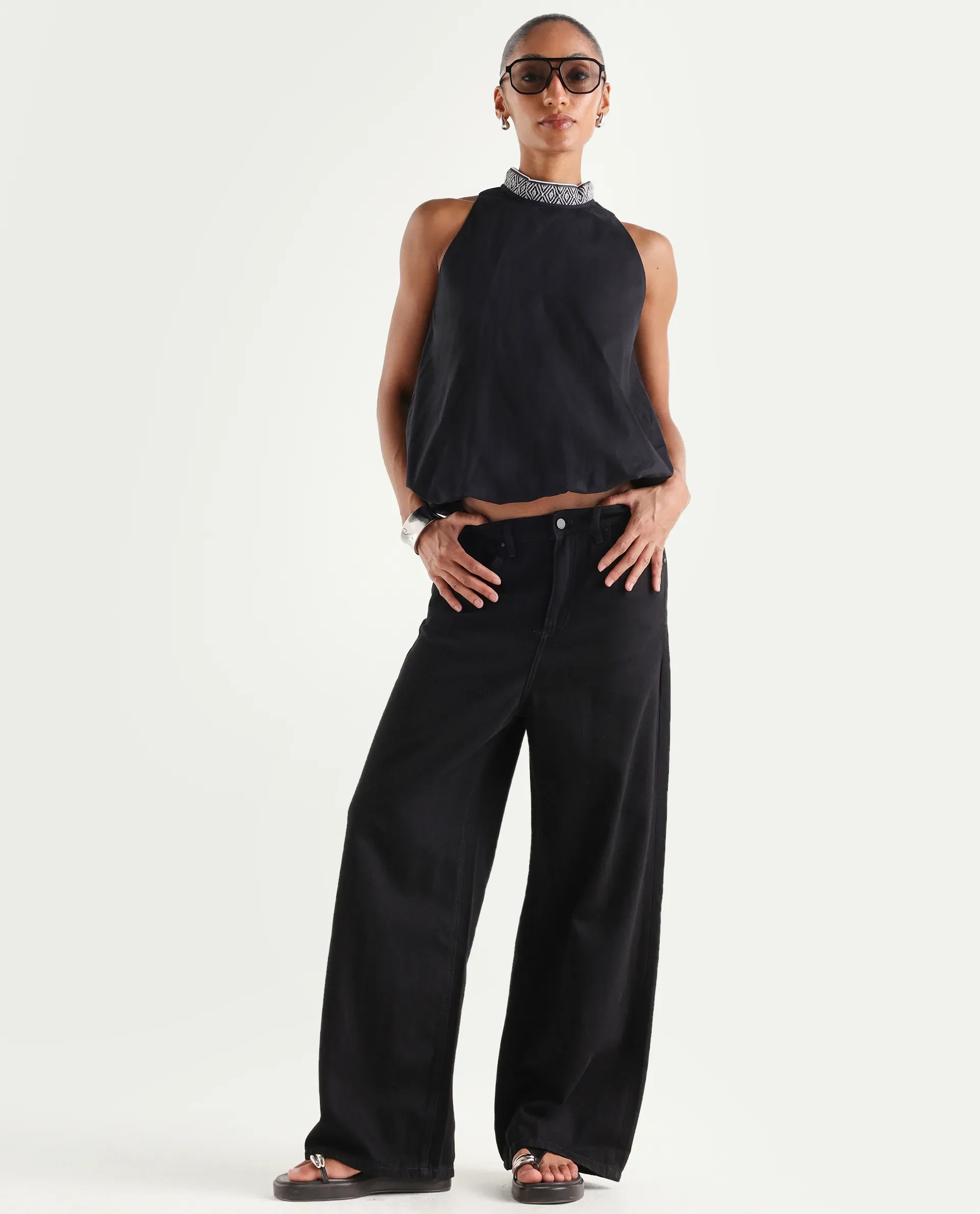 Rareism Women's Denik Black Cotton Wide Plain Jeans