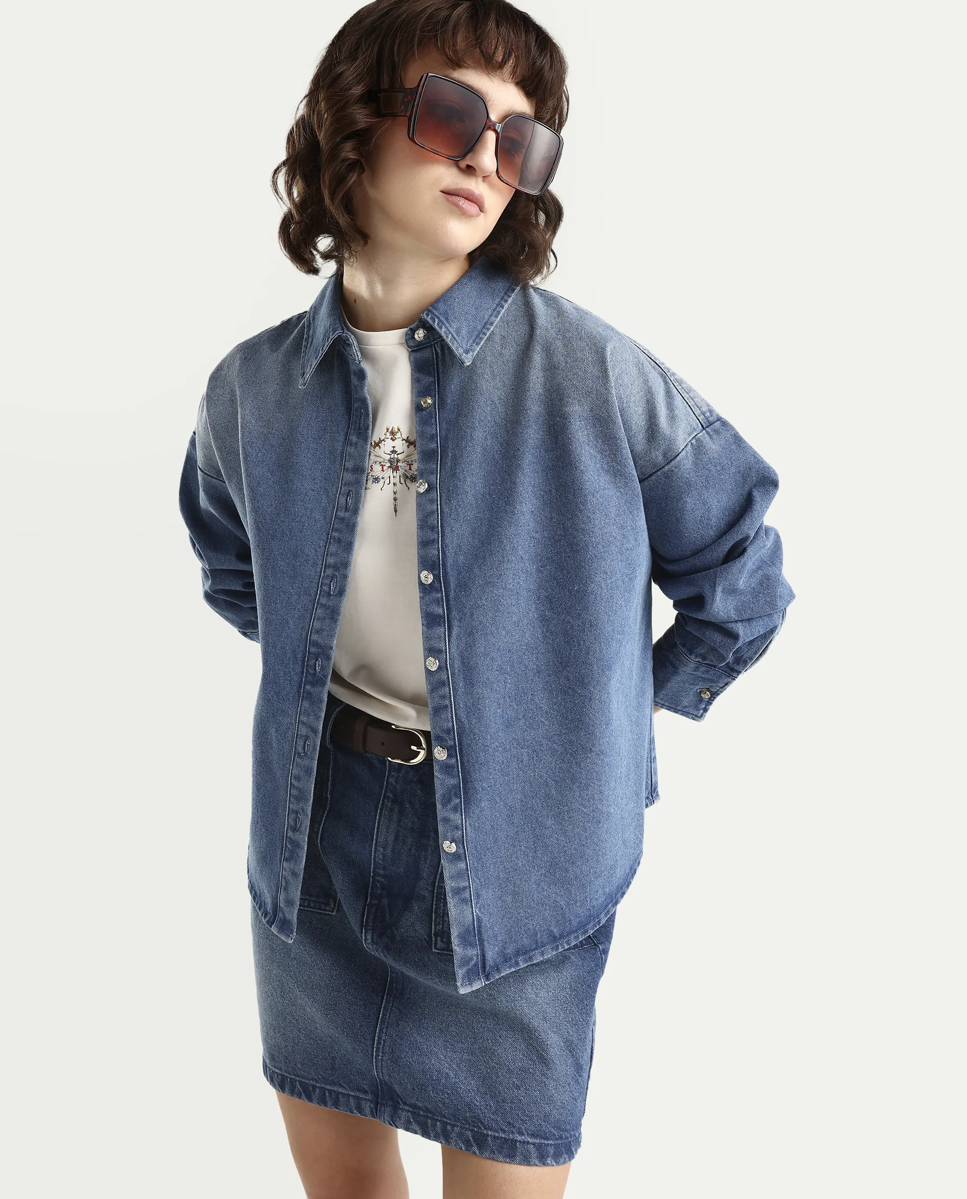 Rareism Women's Denjon Blue Full Sleeve Relaxed Fit Plain Shirt