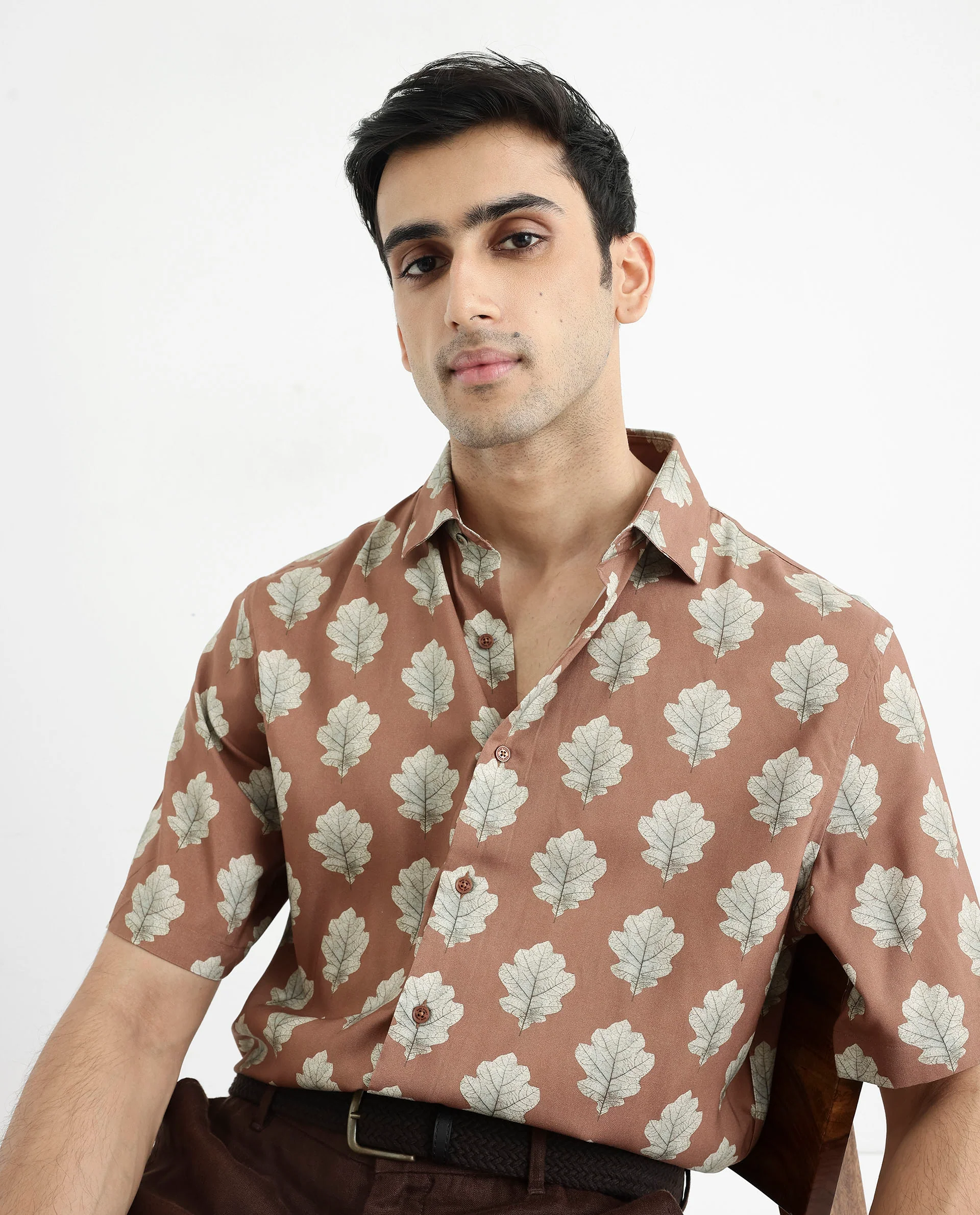 Rare Rabbit Men's Denno Brown Viscose Tropical Print Regular Fit Half Sleeve Collared Shirt