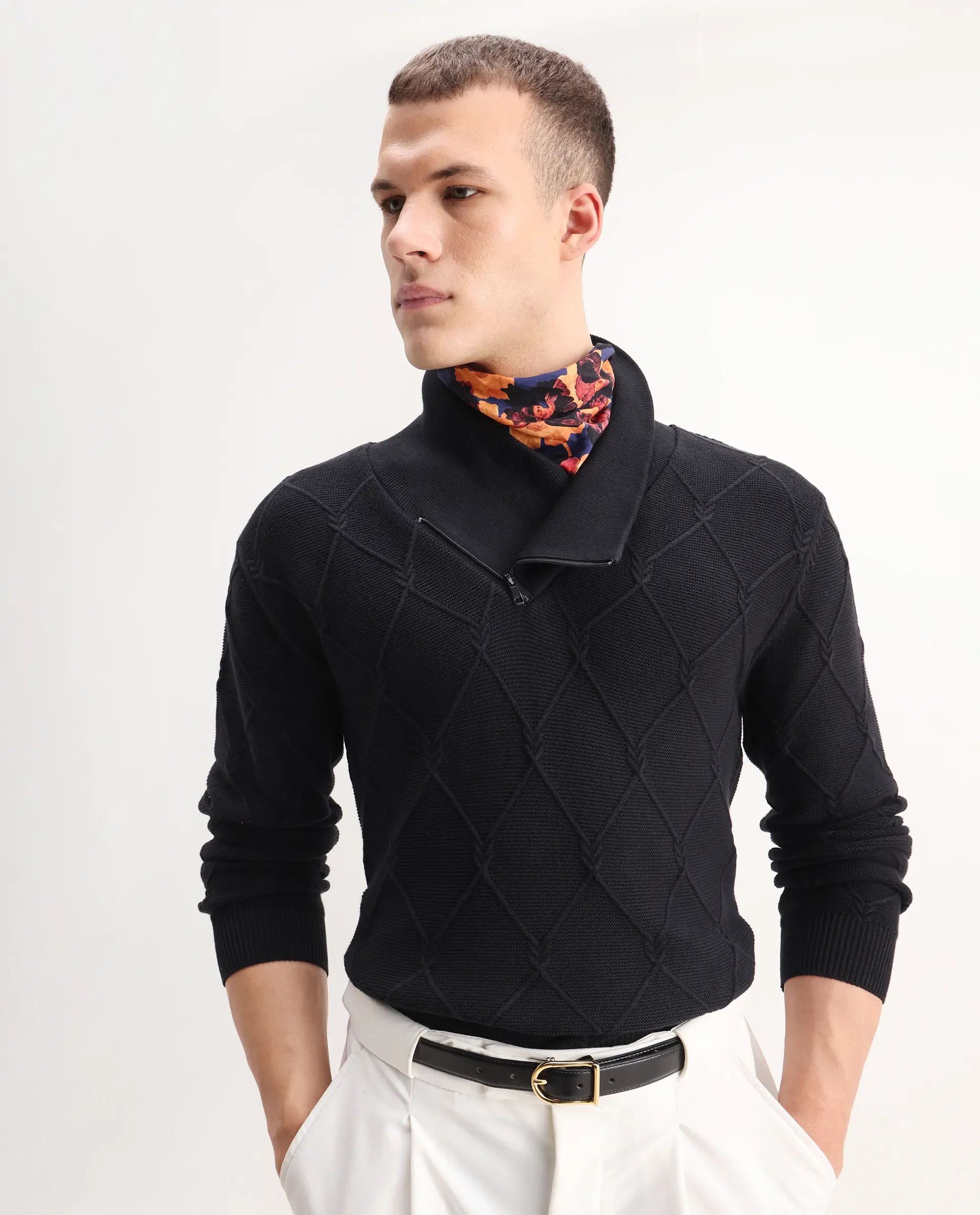 Rare Rabbit Men's Denor Black Cotton Paisley Print Regular Fit Full Sleeve Cowl Neck Sweater
