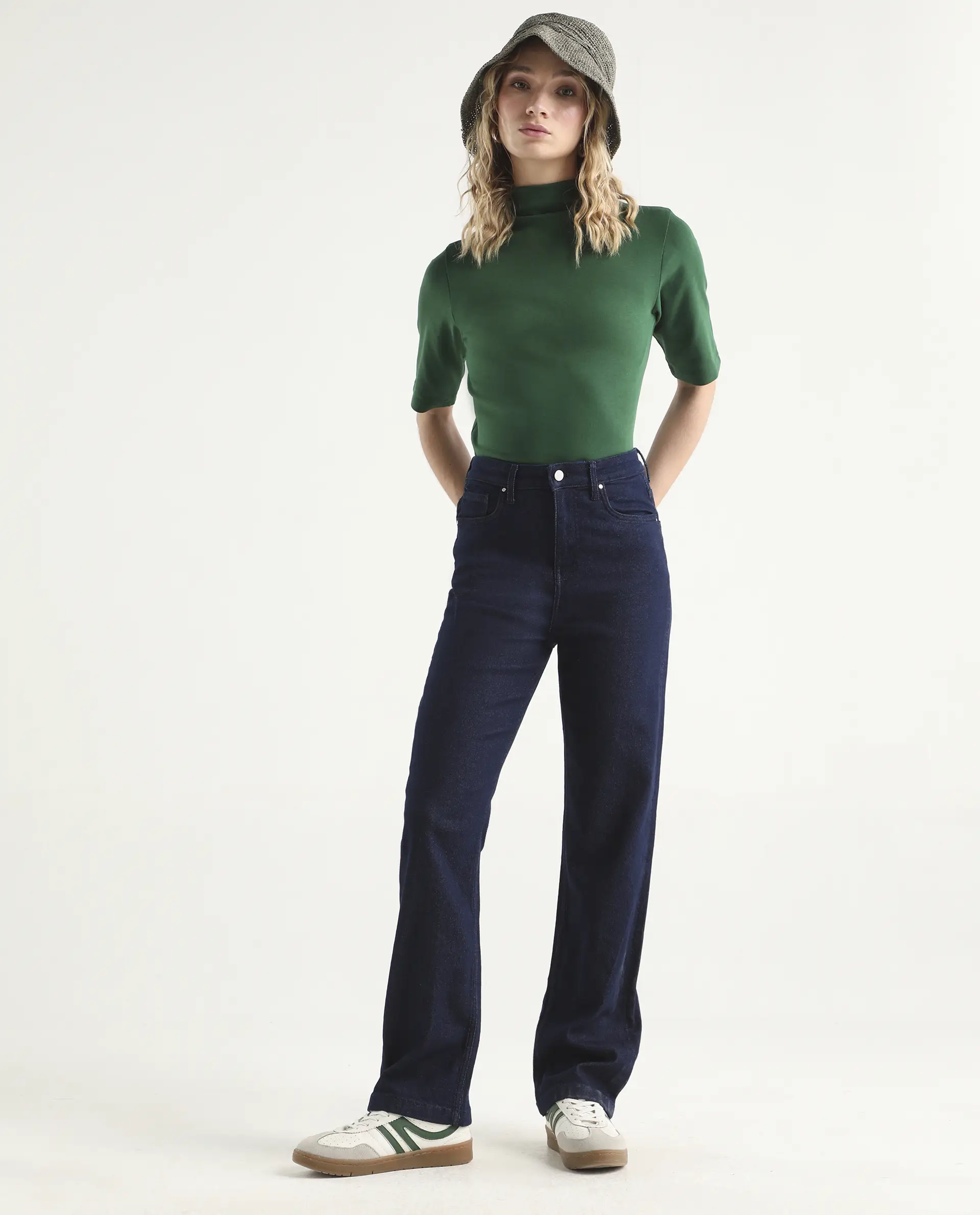 Rareism Women's Denvy Blue Cotton Blend Straight Plain Jeans