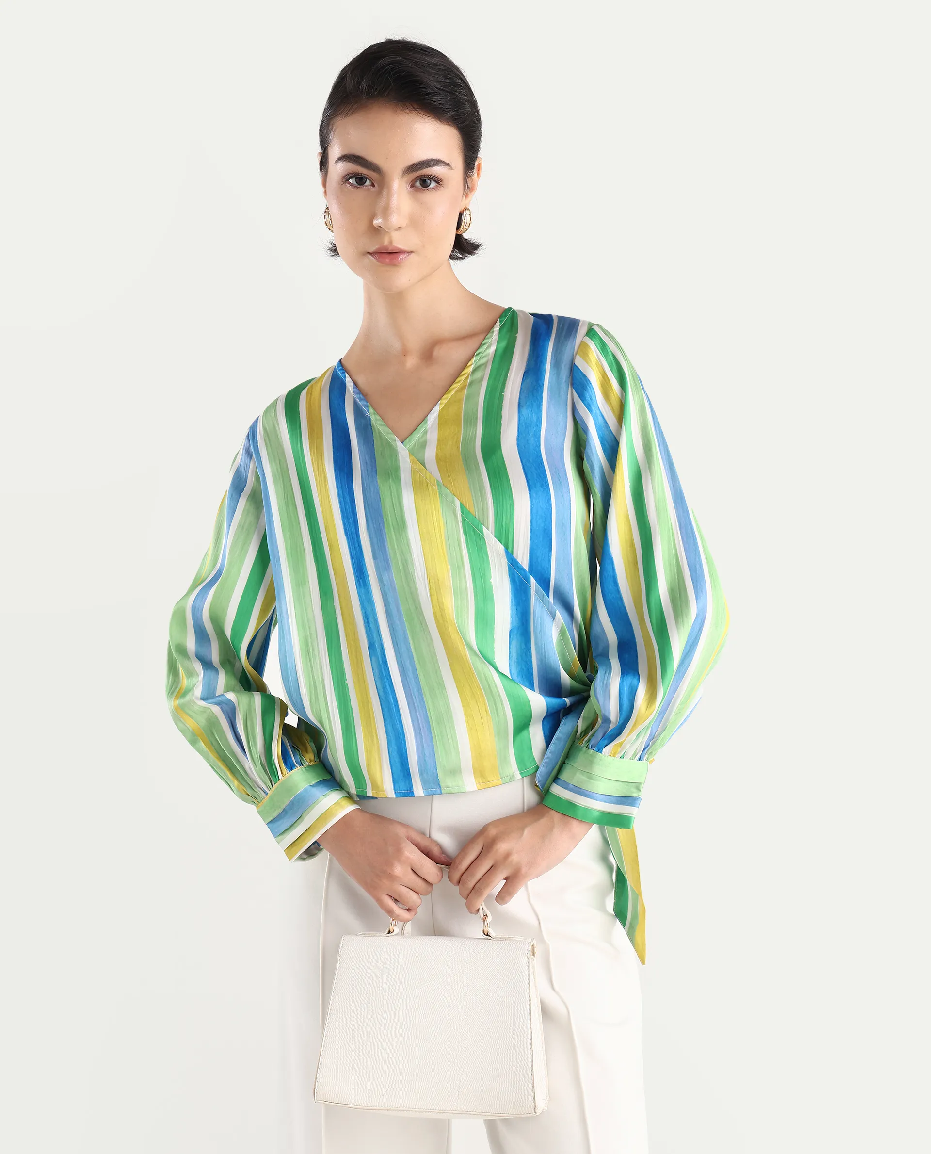 Rareism Women's Dessa Multi Overlap Neck Striped Cuffed Sleeve Regular Fit Top