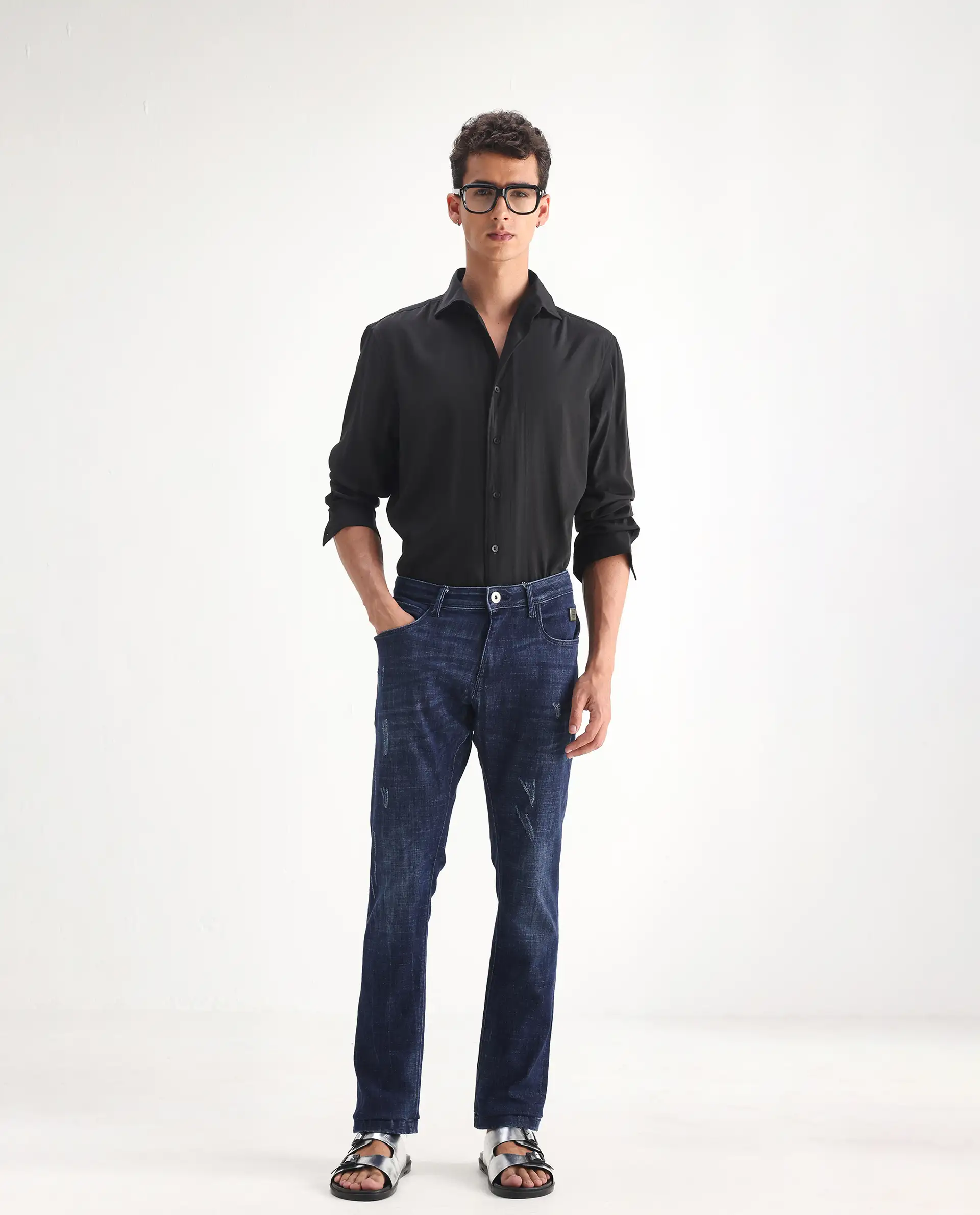 Rare Rabbit Men's Devin Blue Cotton Blend Plain Hawk Slim Fit Jeans