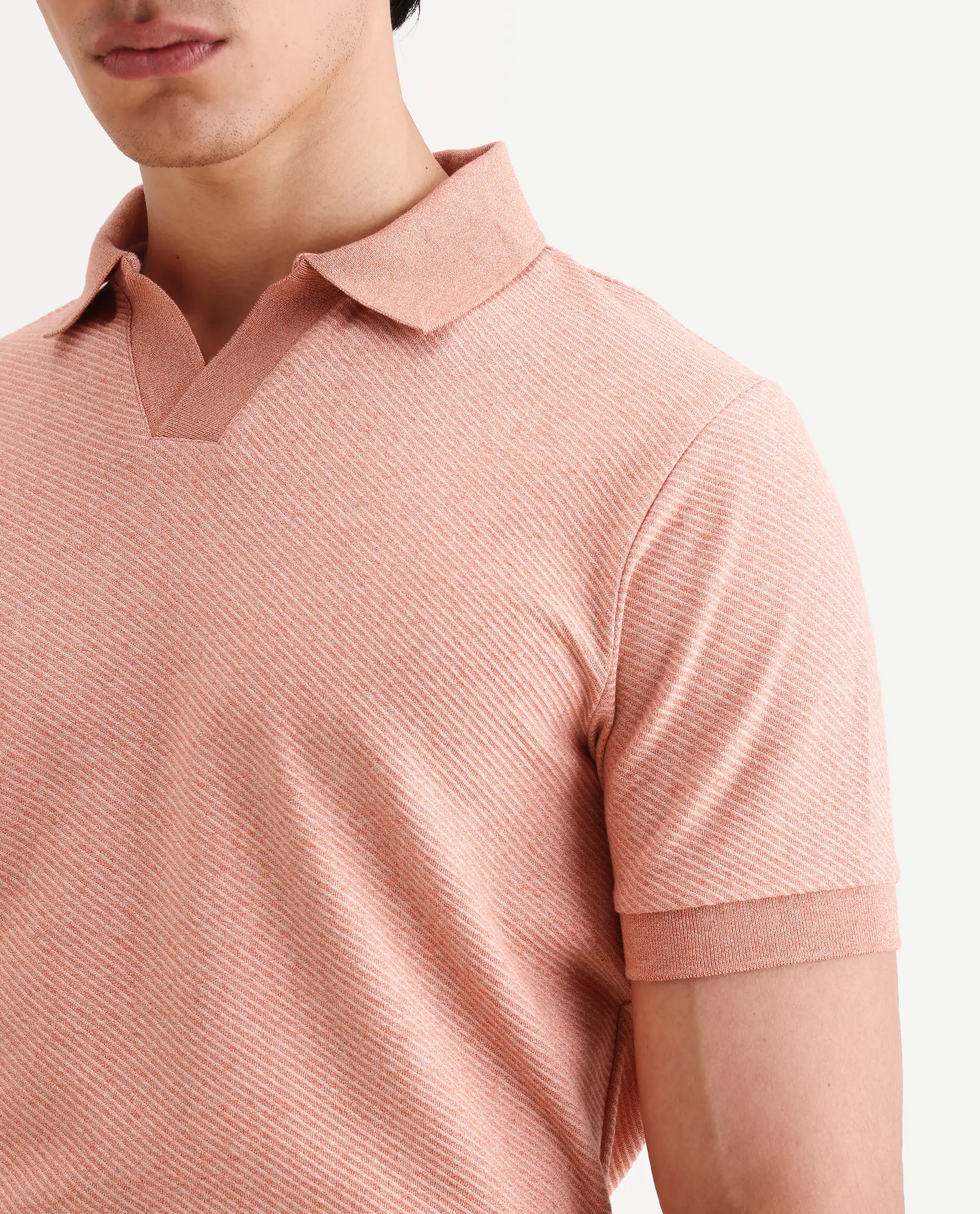 Rare Rabbit Men's Digi Pastel Peach Cotton Blend Fabric Half Sleeve Jonny Collar Regular Fit Plain Polo - Image 4