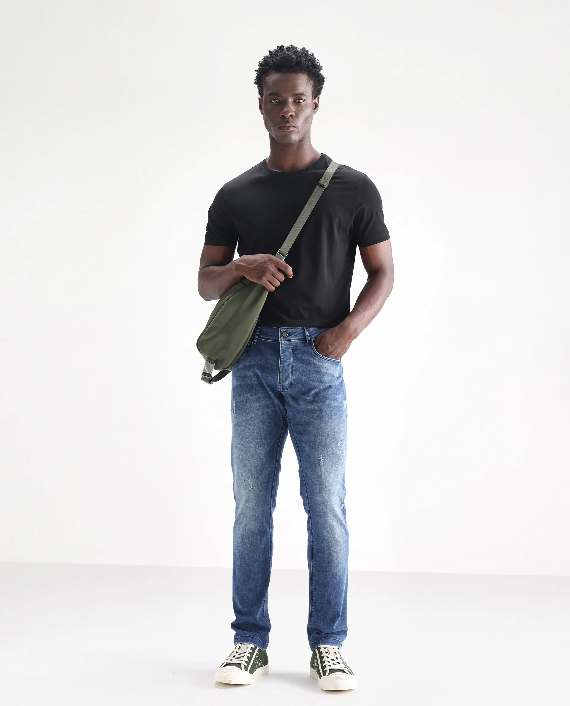 Rare Rabbit Men's Dijon Blue Cotton Plain Hawk Slim Fit Jeans